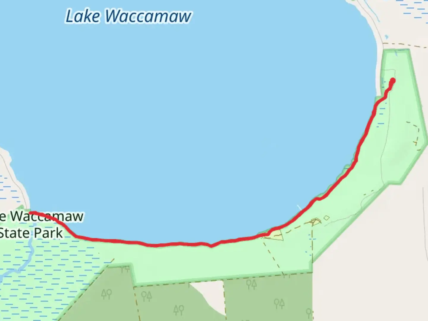 An image depicting the trail Lakeshore Trail - Lake Waccamaw and its surrounding area.