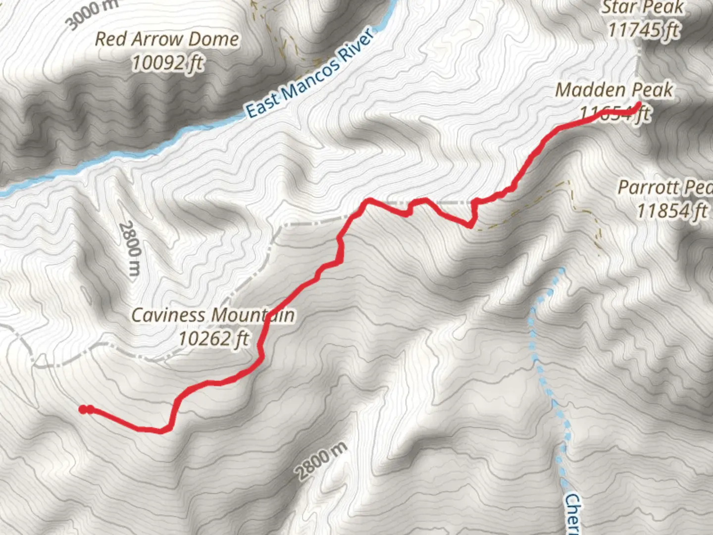 An image depicting the trail Madden Peak Out and Back and its surrounding area.