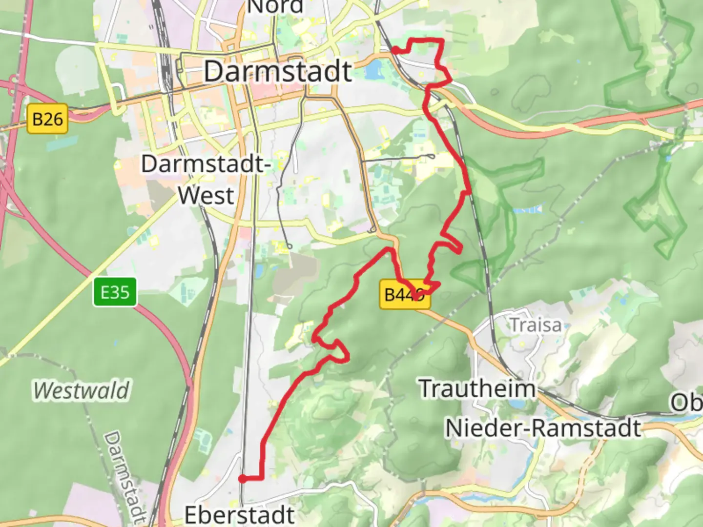 An image depicting the trail Wartehalle to Darmstadt Ost via Sieben Huegel Steig and its surrounding area.
