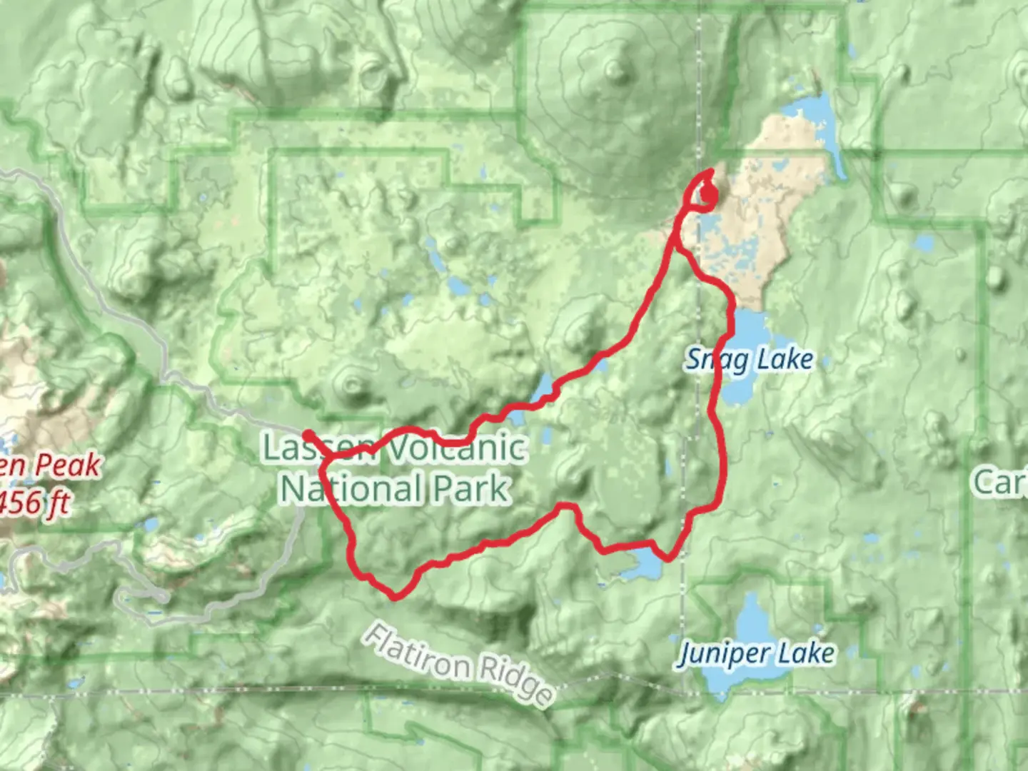 An image depicting the trail Summit Lake, Horseshoe Lake, Snag Lake and Cinder Cone Loop and its surrounding area.