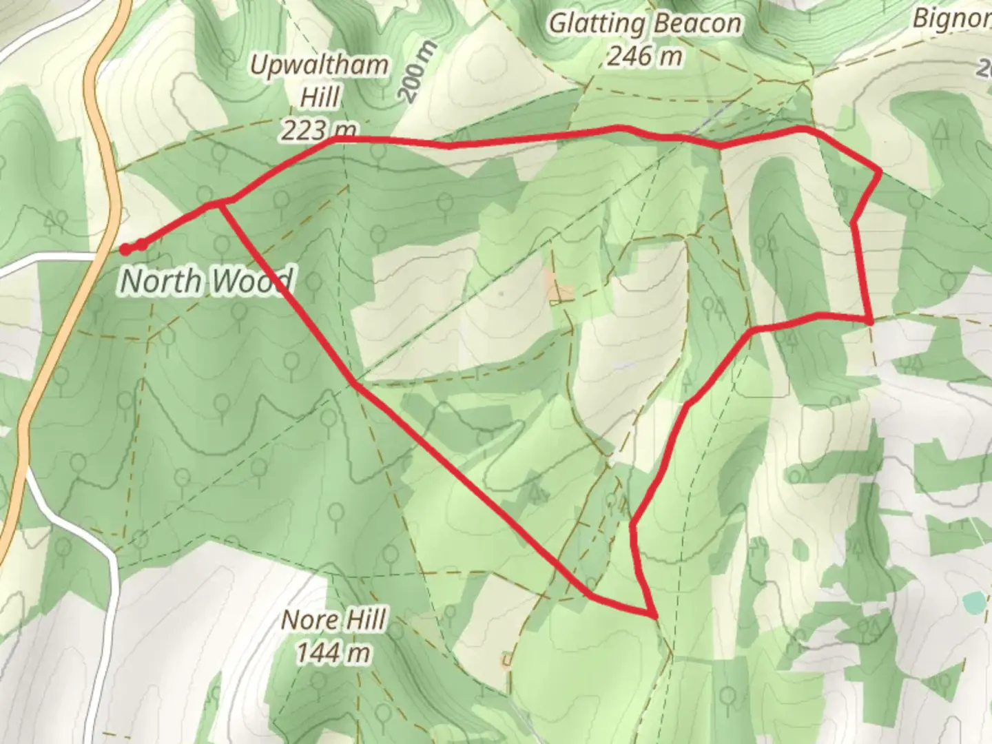 An image depicting the trail North Wood Loop - Upwaltham and its surrounding area.