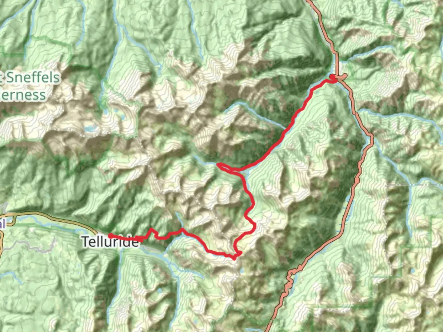 An image depicting the trail Telluride to Ouray and its surrounding area.