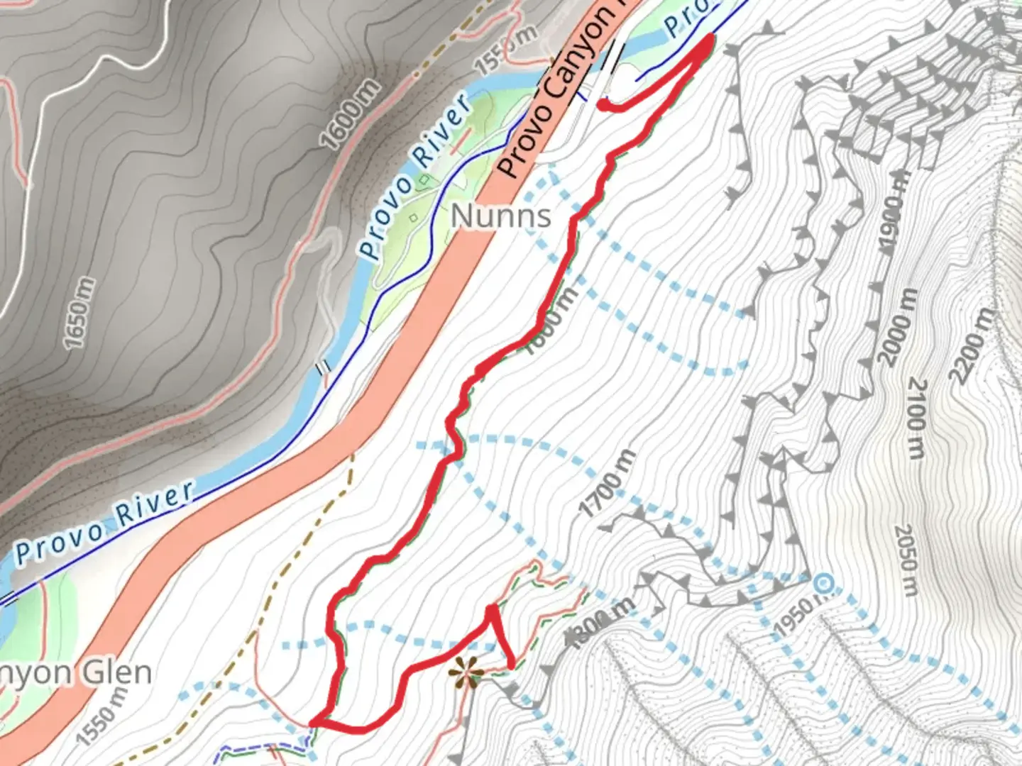 An image depicting the trail Bonneville Shoreline Trail and Bridesmaid Falls Trail and its surrounding area.
