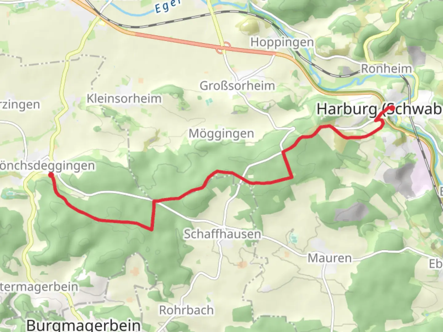 An image depicting the trail Mönchsdeggingen to Harburg via Eisbrunn Rundweg and its surrounding area.