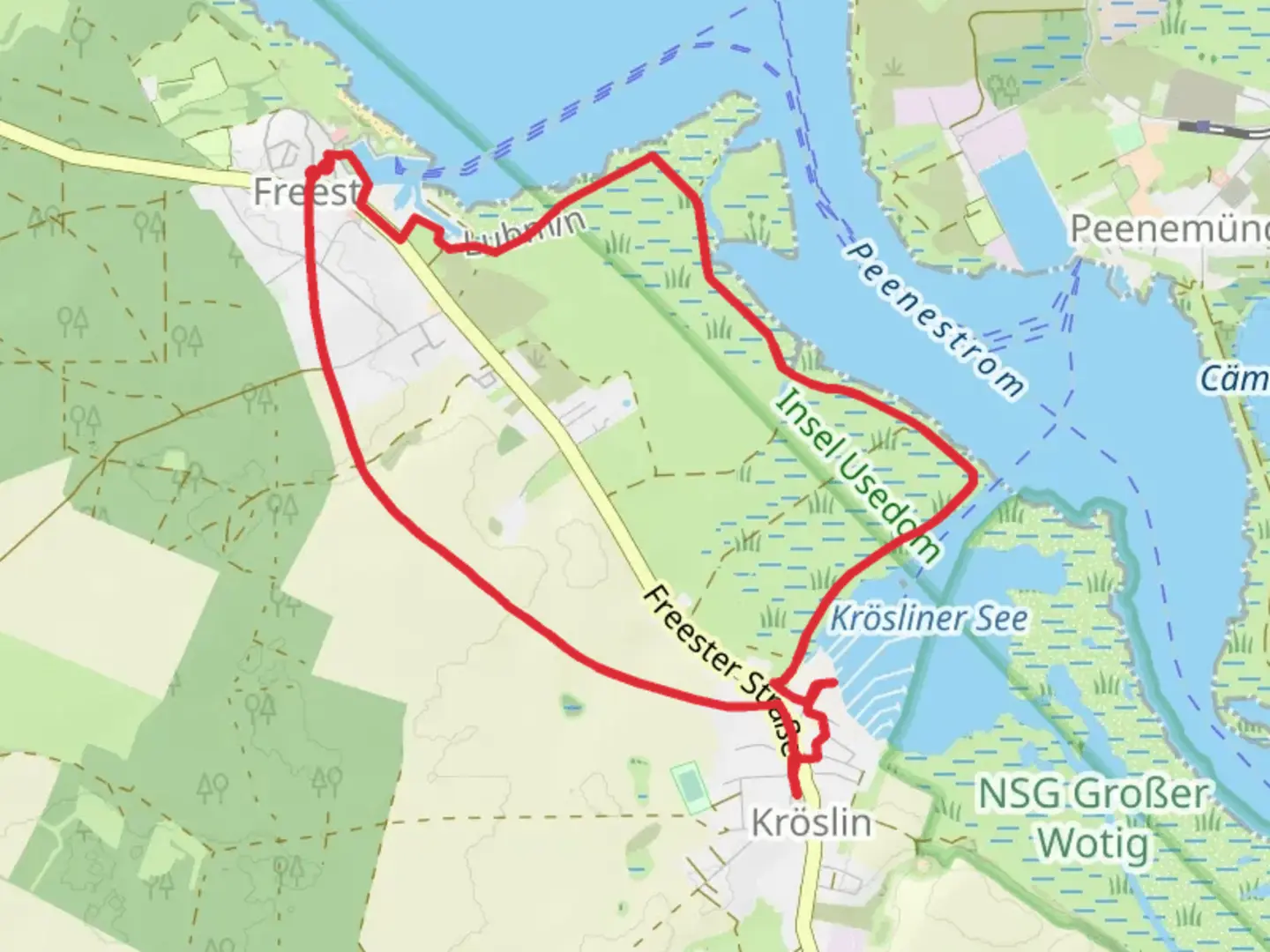 An image depicting the trail Peenestrom and Kroesliner See and its surrounding area.