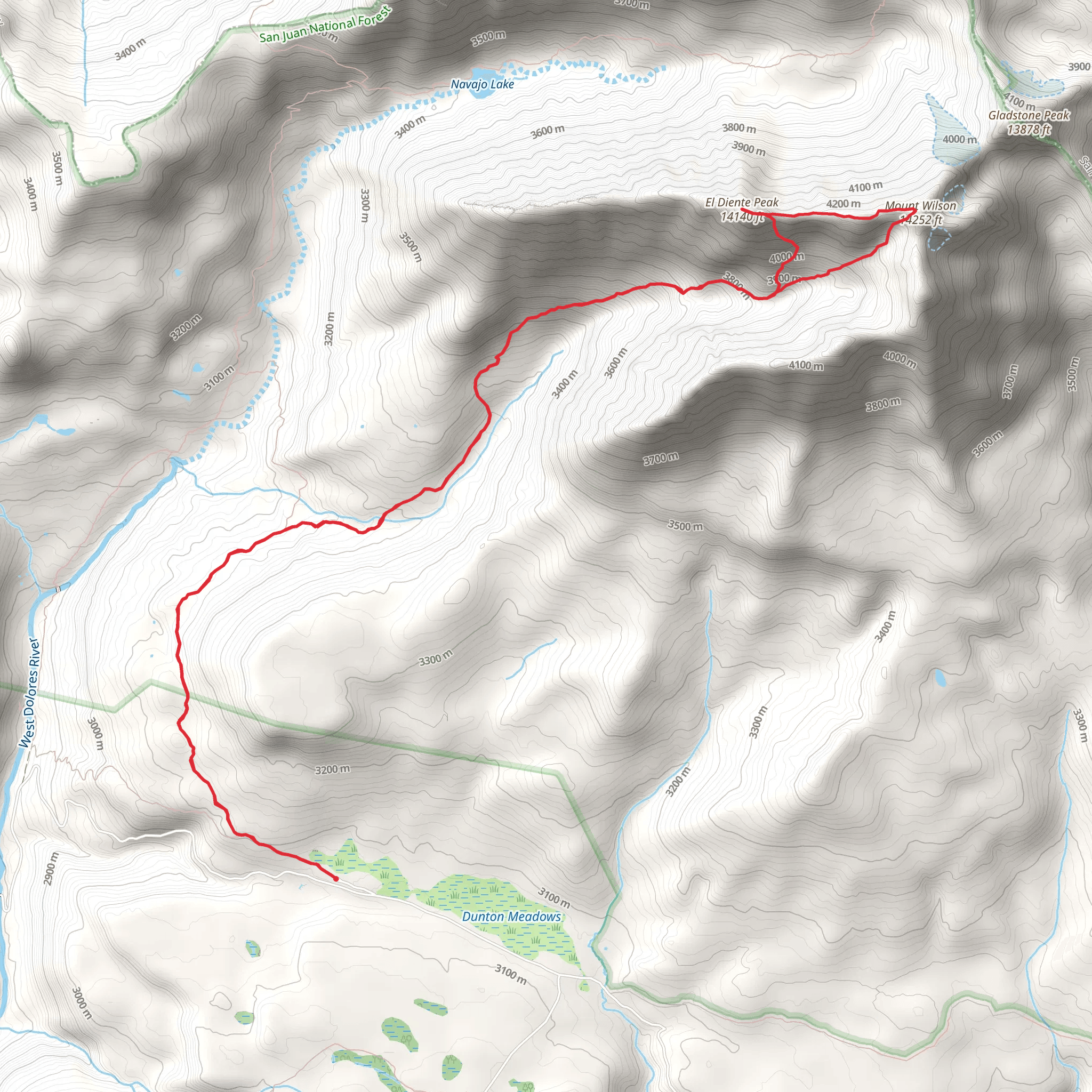 El Diente Peak and Mount Wilson via Kilpacker Trail mobile static map