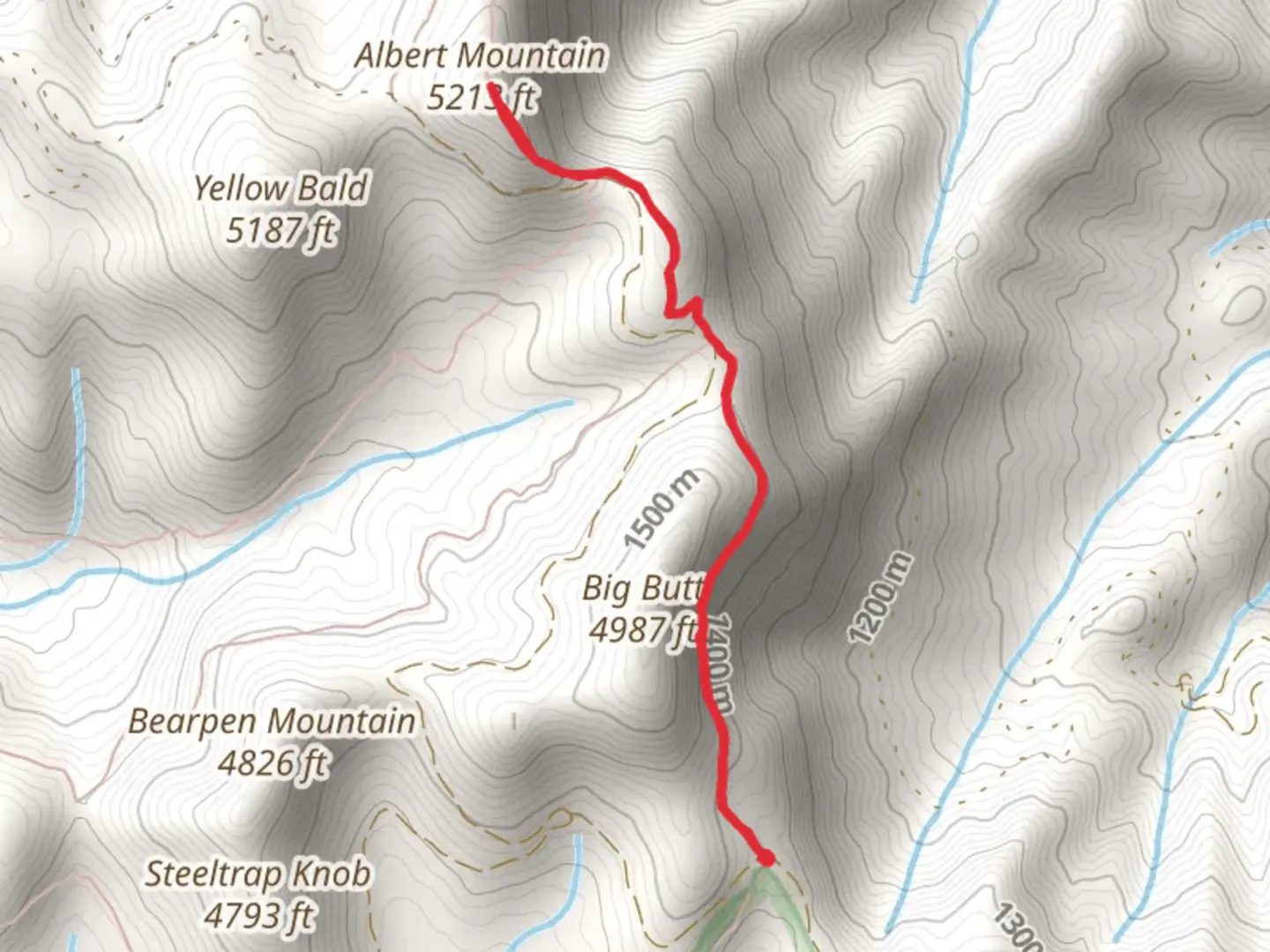 An image depicting the trail Albert Mountain via Appalachian Trail Out and Back and its surrounding area.