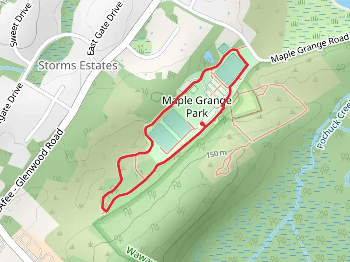 An image depicting the trail Maple Grange Park Loop and its surrounding area.