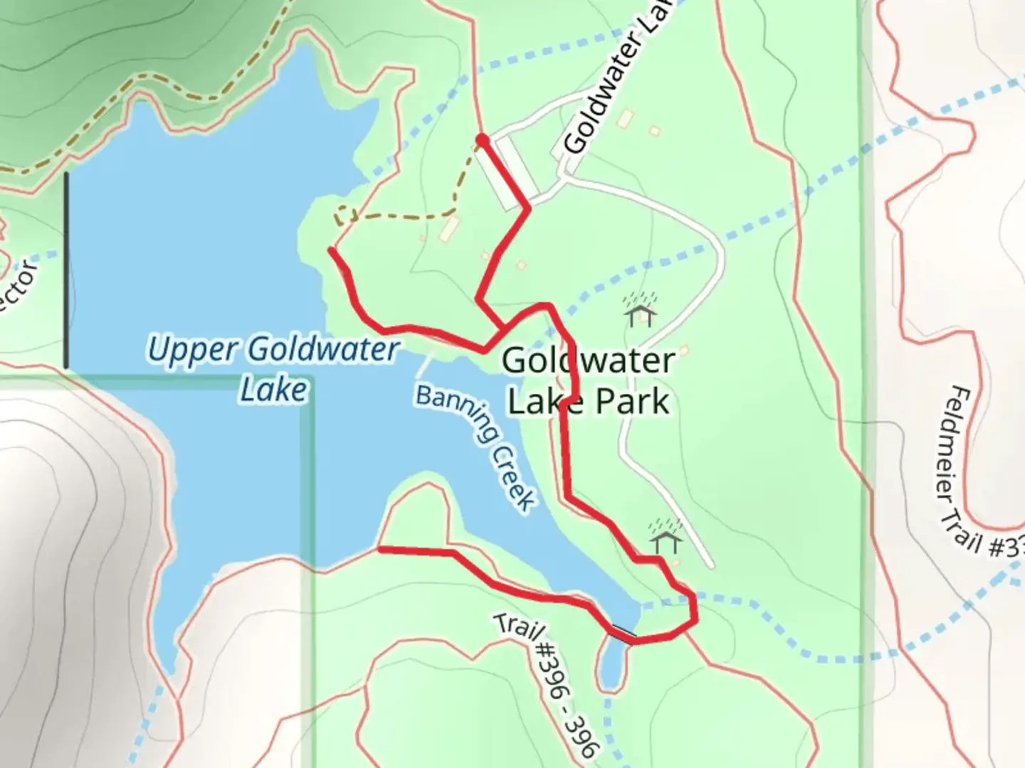 An image depicting the trail Upper Goldwater Lake and Banning Creek and its surrounding area.