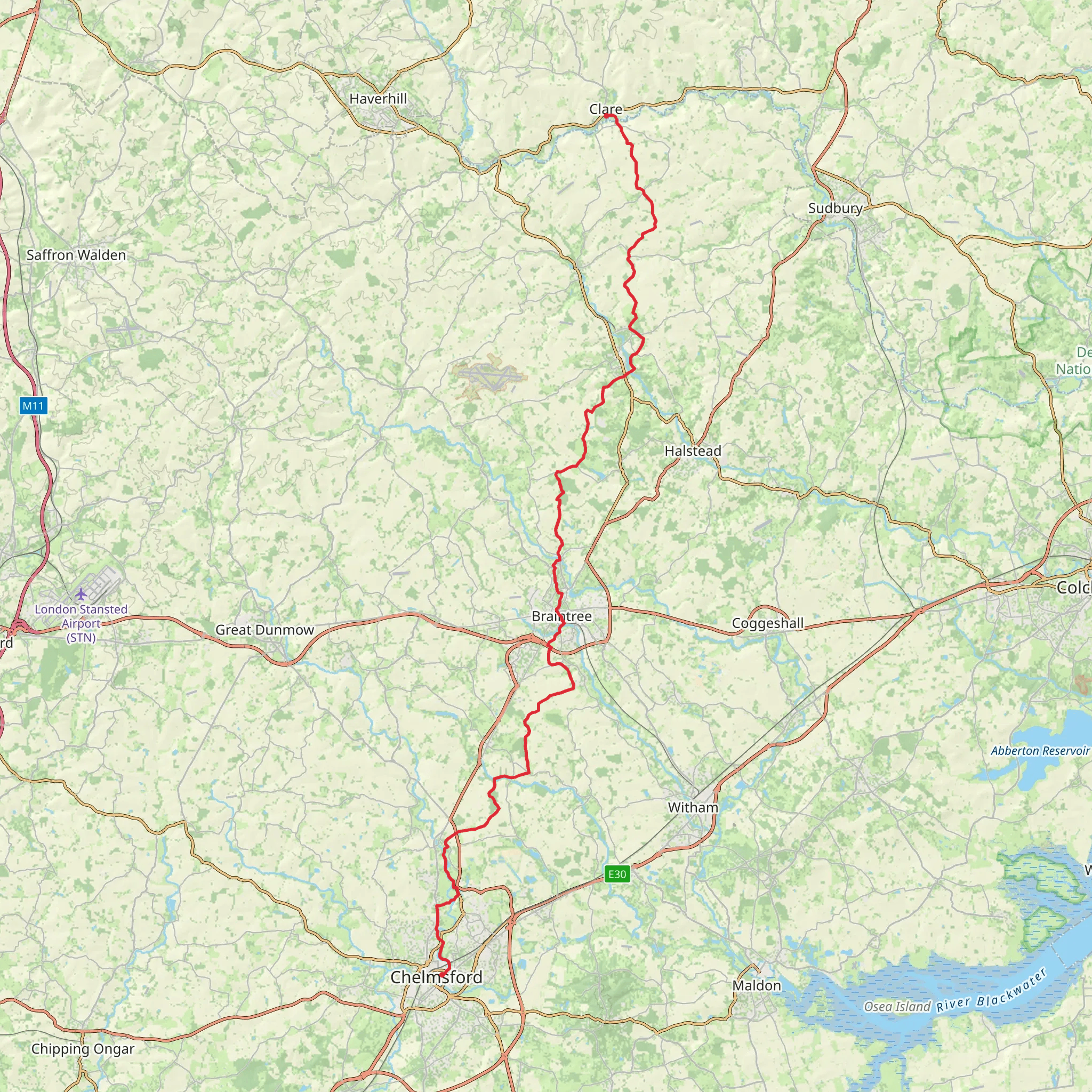 Chelmsford to Clare Walk mobile static map