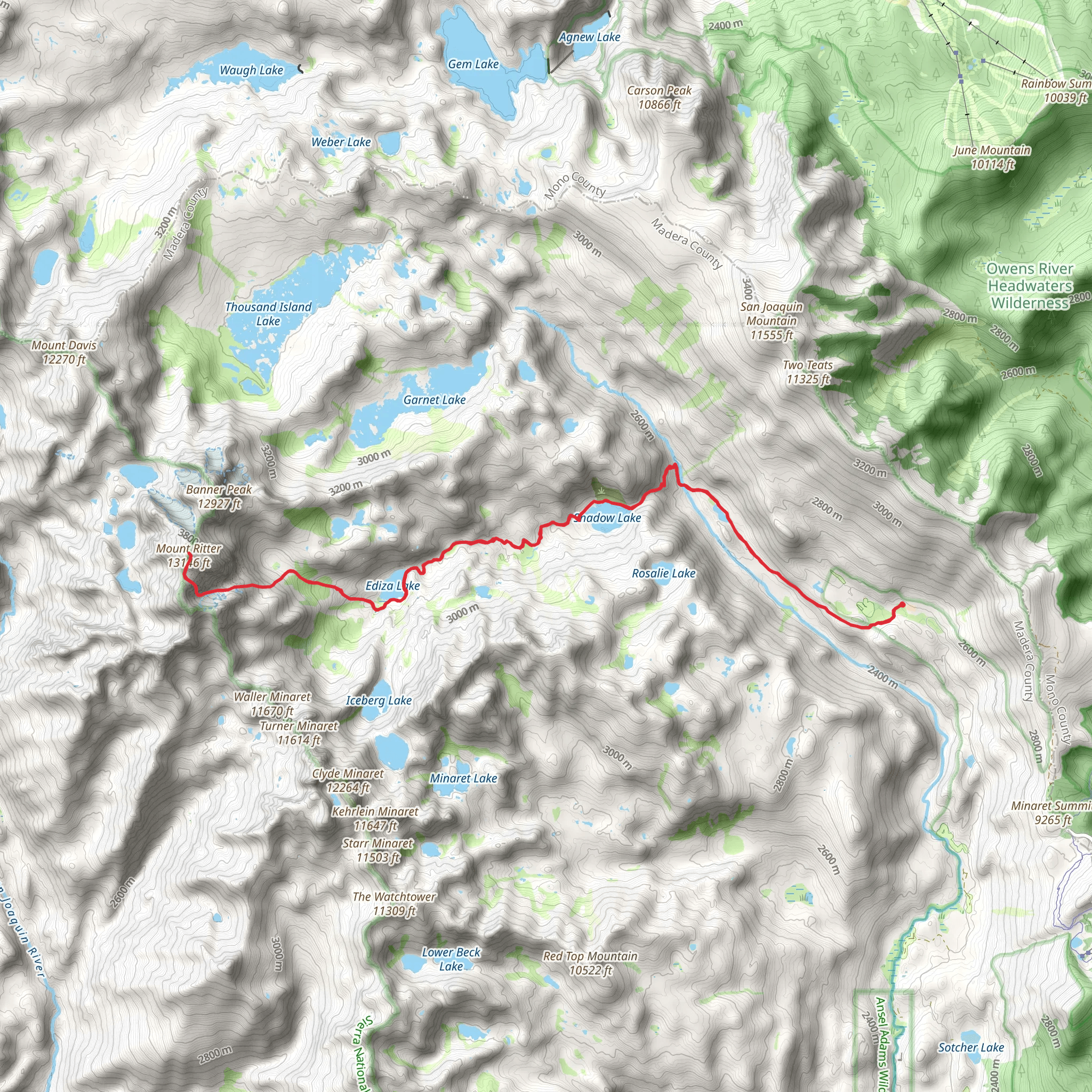 Shadow Lake, Ediza Lake and Mount Ritter via Shadow Creek Trail mobile static map