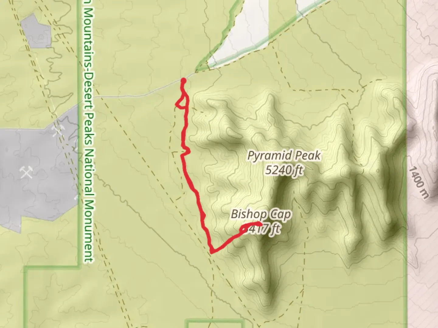 An image depicting the trail Bishop Cap via Sierra Vista Trail and its surrounding area.