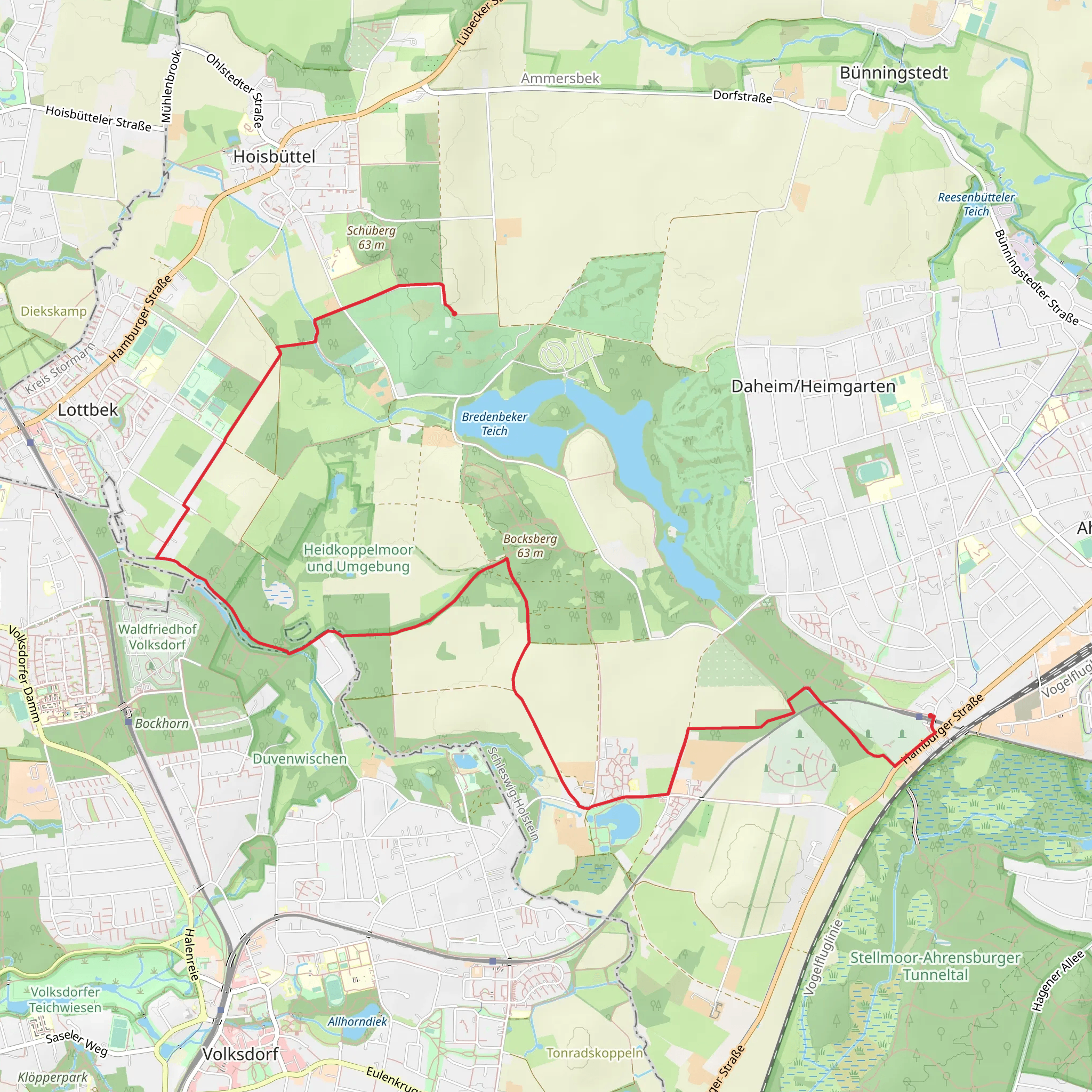 Tannenberg to Ahrensburg West via Volksdorfer Rundwanderweg and Lottbeker Teich mobile static map