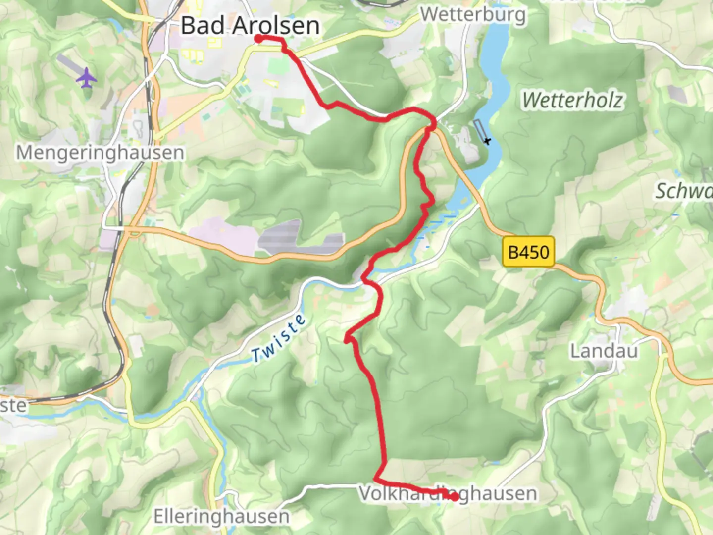 An image depicting the trail Bad Arolsen Wanderweg and Kulturwanderweg and its surrounding area.