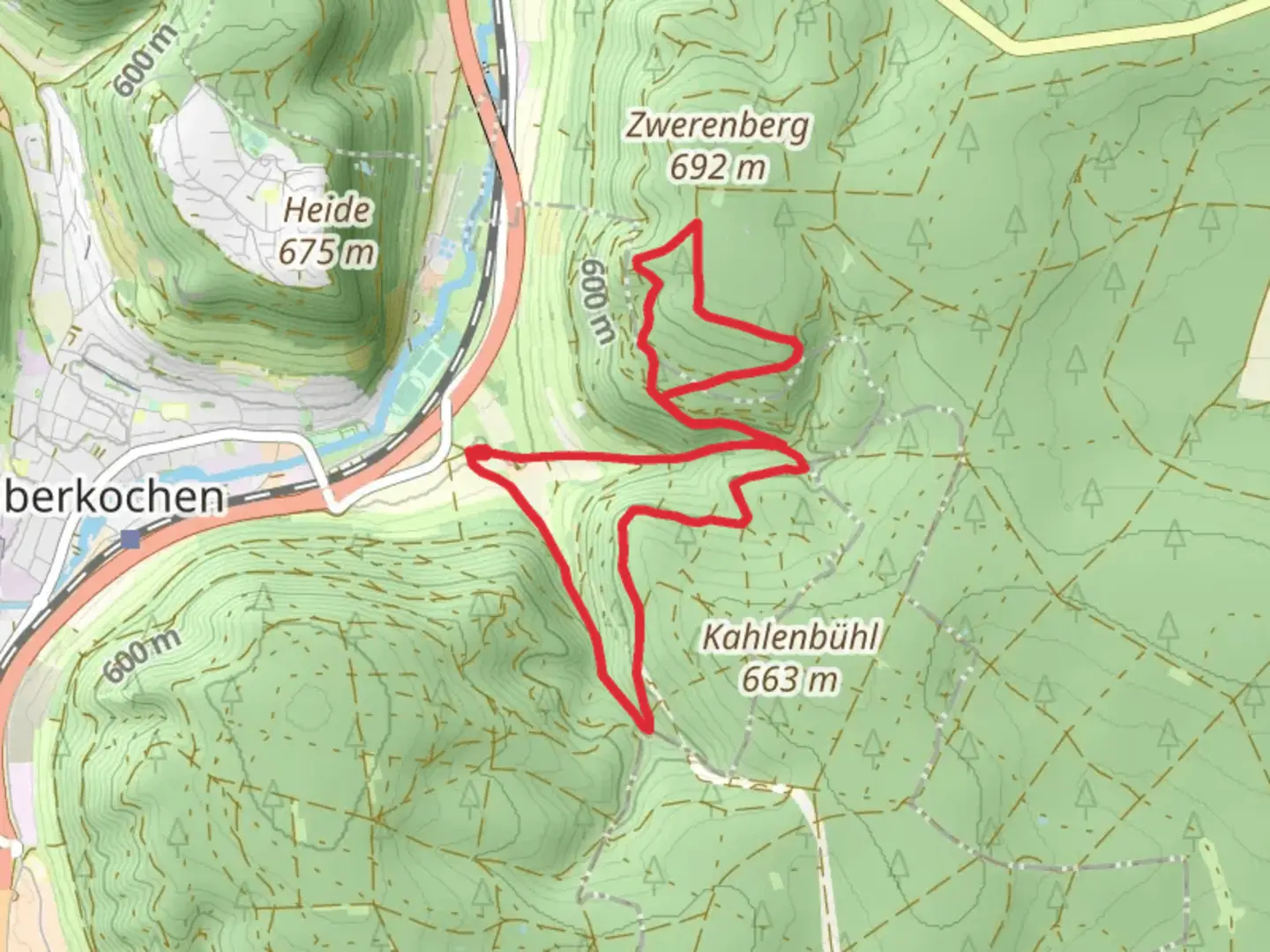 An image depicting the trail Querweg Oberkochen-Spitziger Fels and Oberkochen - Ebnat and its surrounding area.