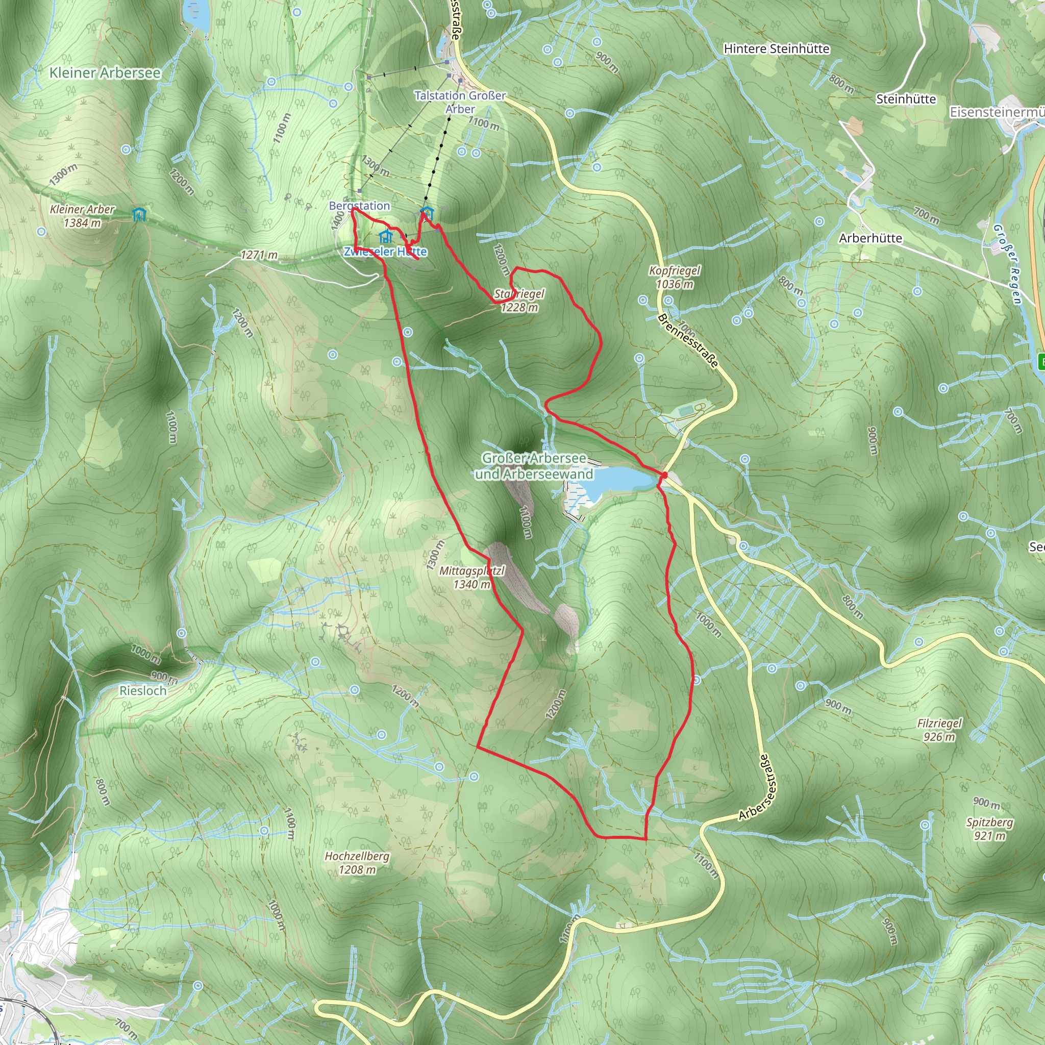 Großer Arbersee via Bodenmais Arbersee and Zwiesel - Arber mobile static map