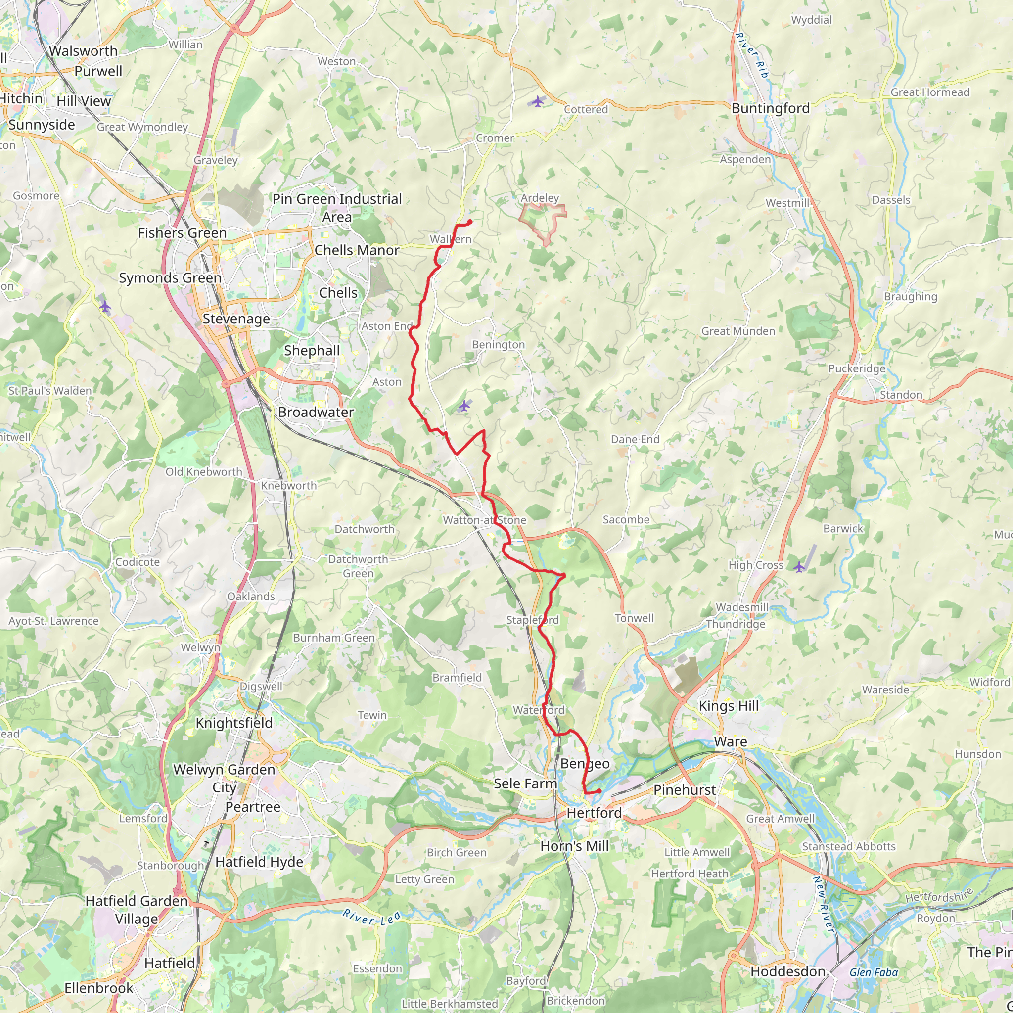 The Beane Valley from Walkern to Hertford mobile static map