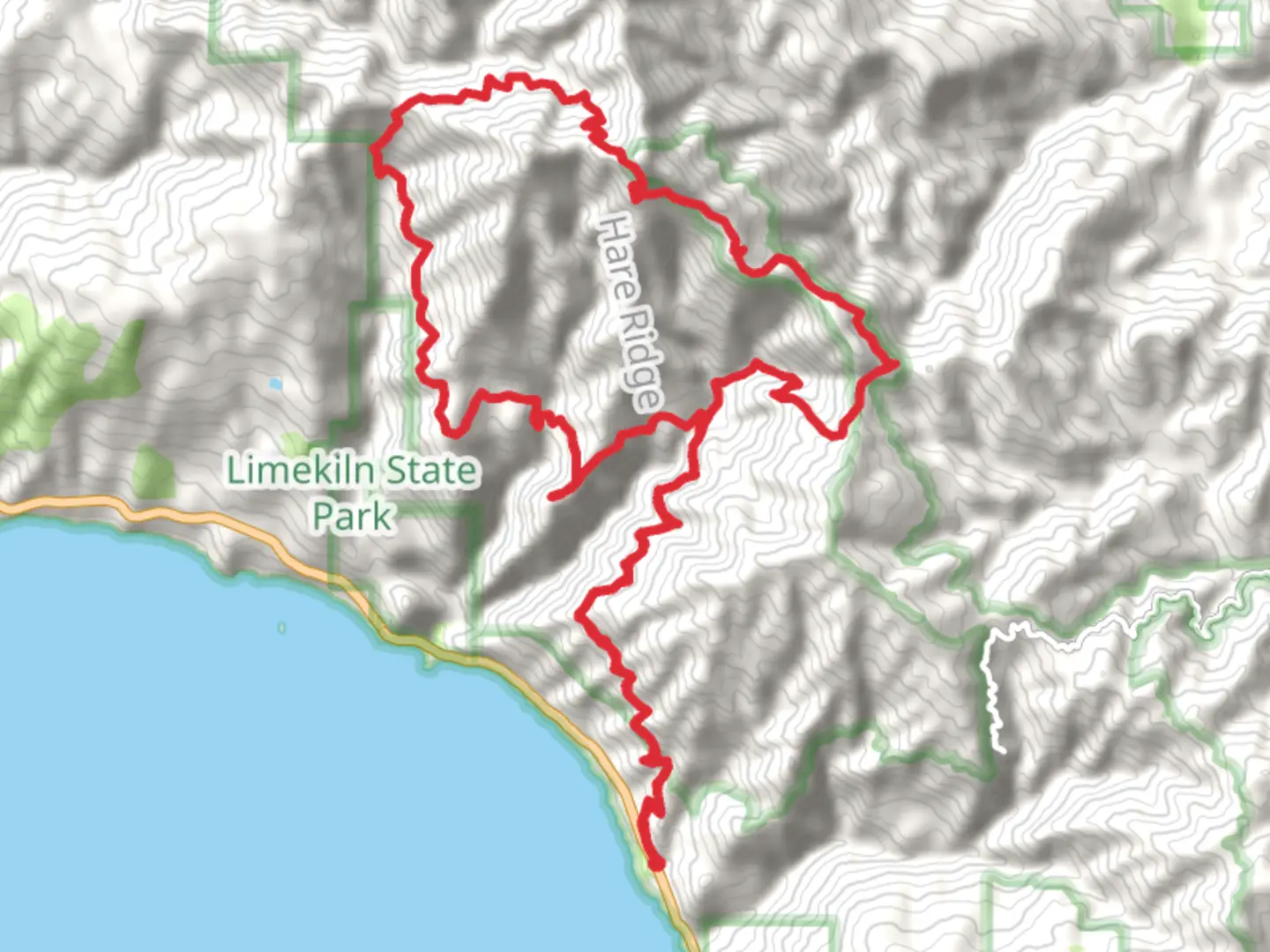 An image depicting the trail Cone Peak via Stone Ridge Trail and Gamboa Trail and its surrounding area.