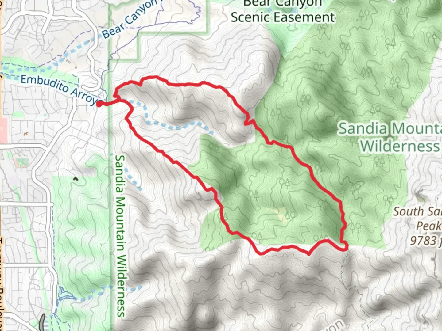 An image depicting the trail White Wash, Embudito and Oso Ridge Loop Trail and its surrounding area.