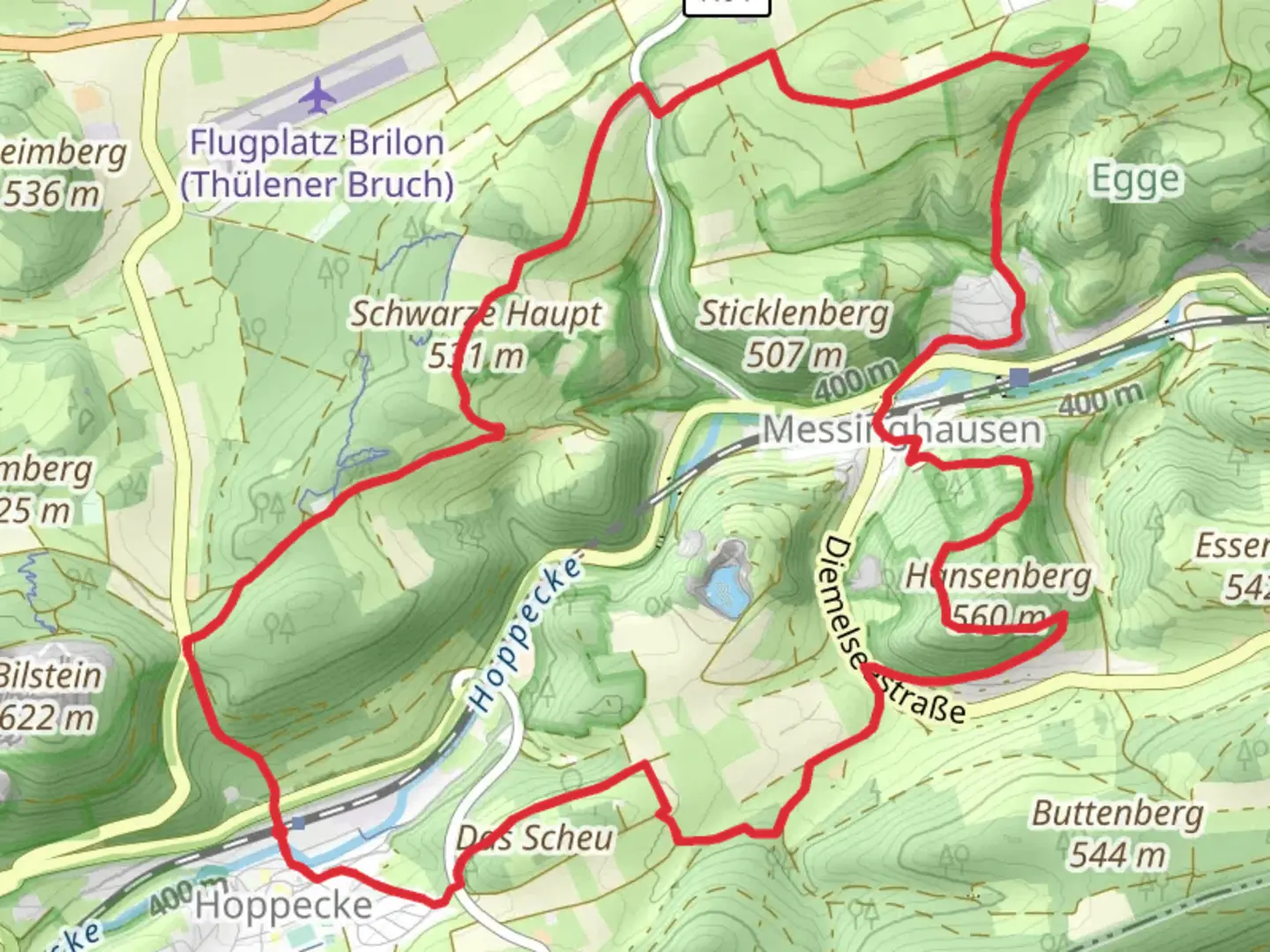 An image depicting the trail Hoppecke and Messinghausen Loop and its surrounding area.