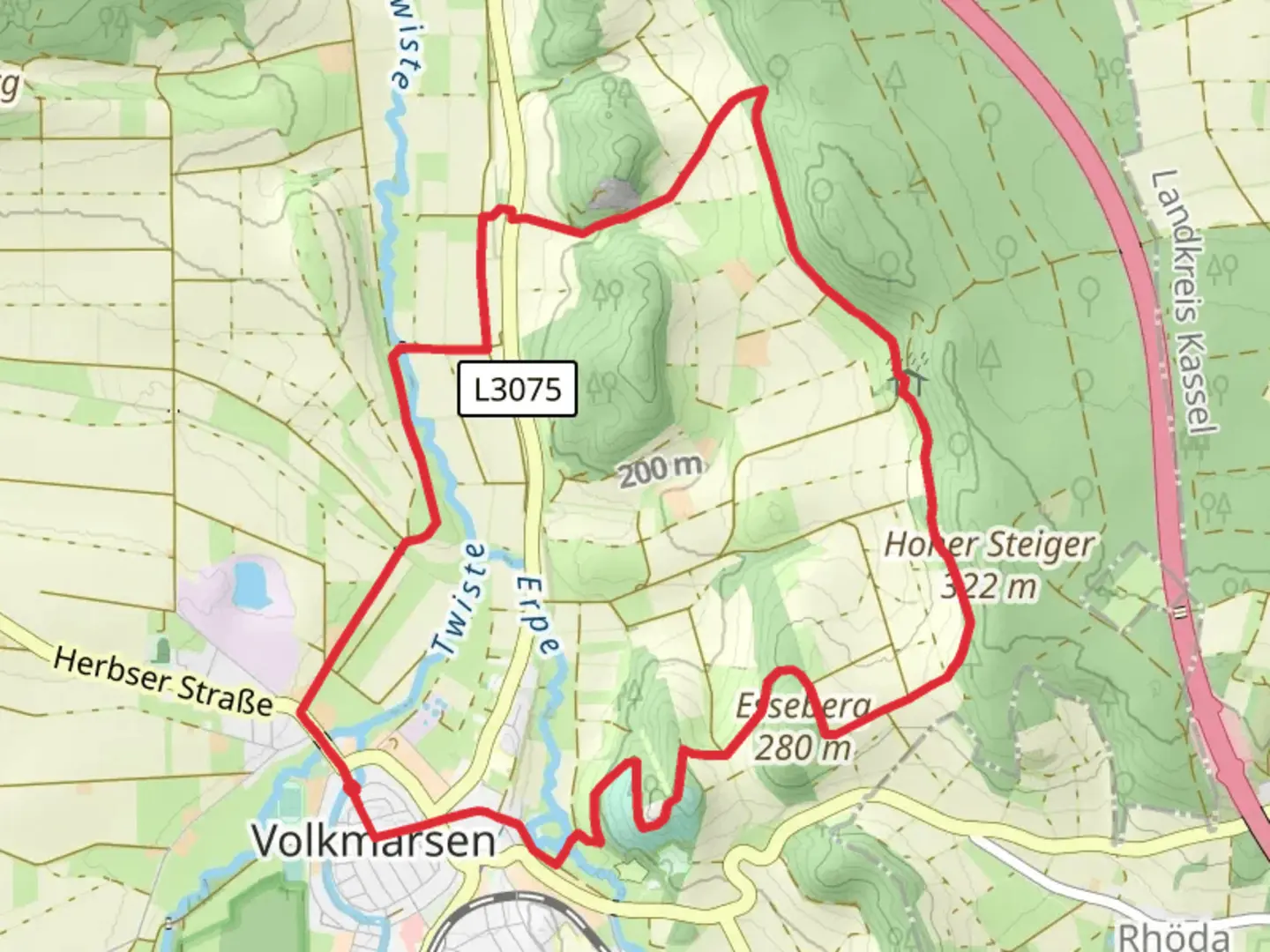 An image depicting the trail Volkmarsen V2 and V3 Loop and its surrounding area.