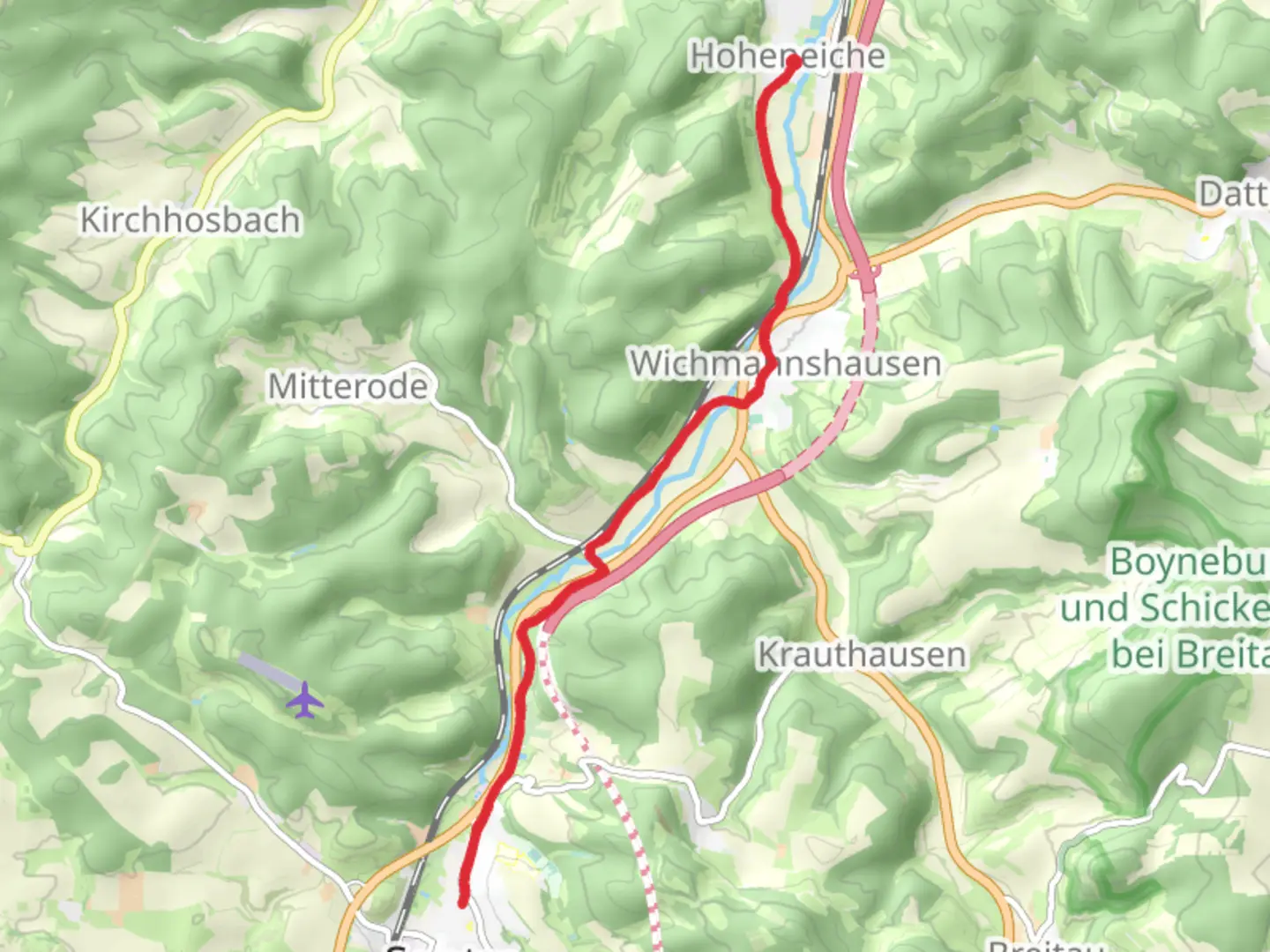 An image depicting the trail Wichmannshausen to Sontra Walk via Sontra and its surrounding area.