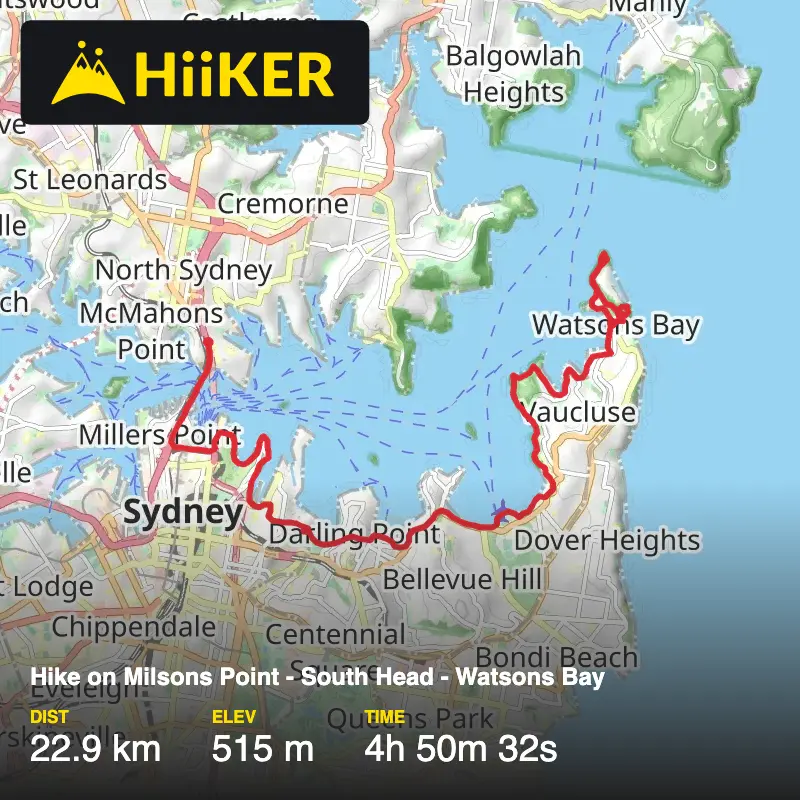 A map preview of the recording Hike on Milsons Point - South Head - Watsons Bay.