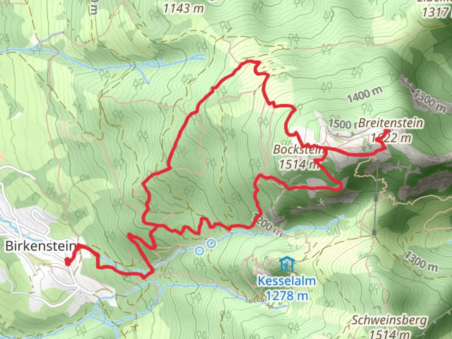 An image depicting the trail Breitensteinfensterl and Breitenstein via Fischbachau Wanderweg and its surrounding area.