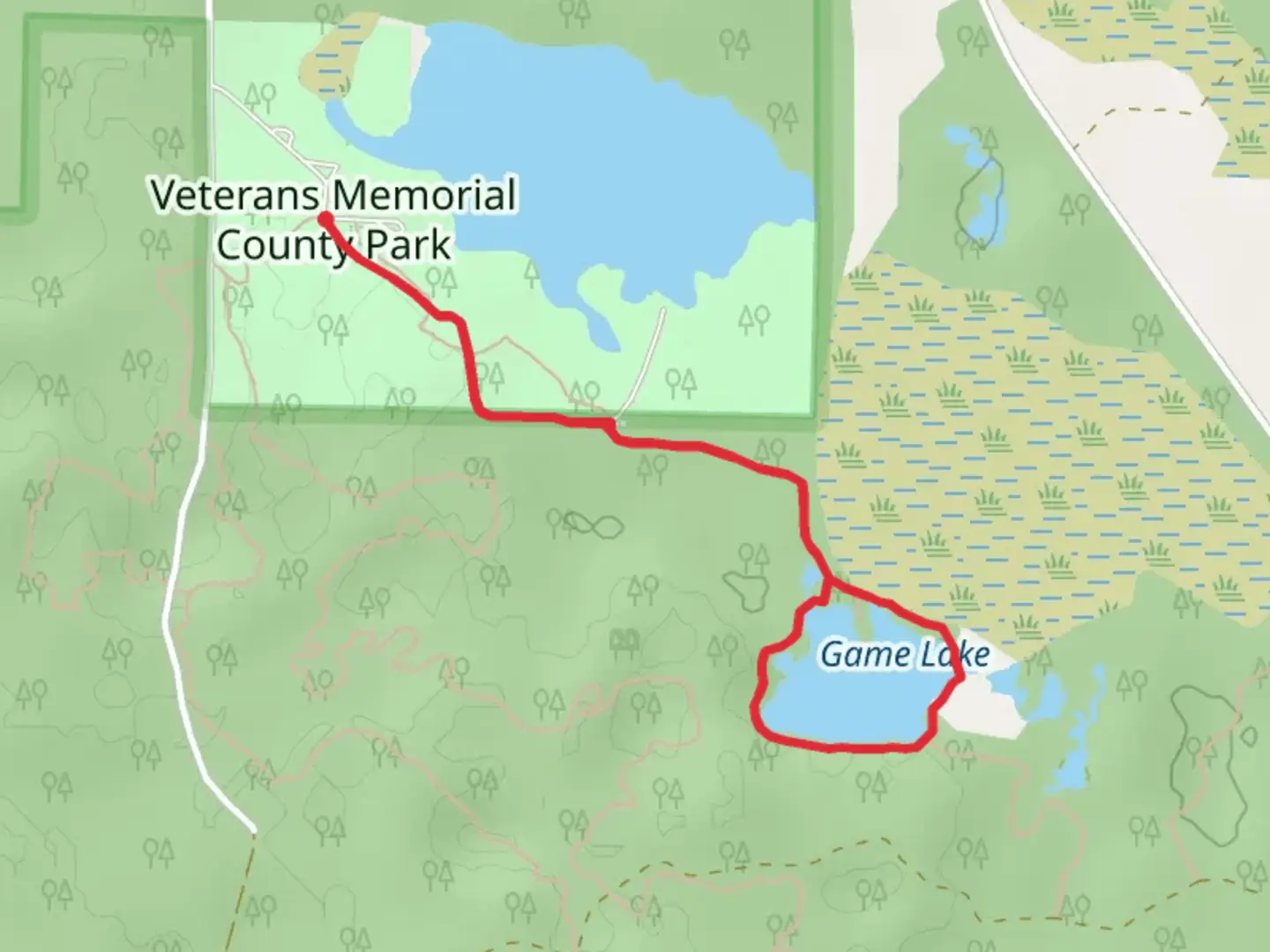 An image depicting the trail Game Lake Loop via Ice Age Trail and its surrounding area.