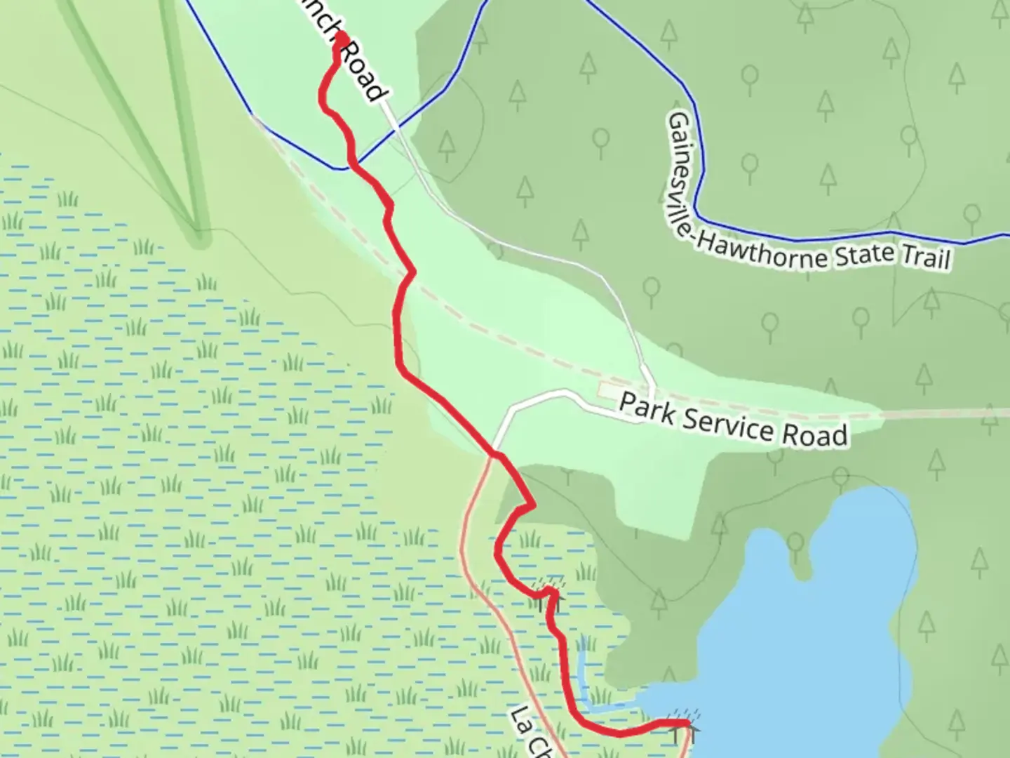 An image depicting the trail La Chua Trail - Short and its surrounding area.