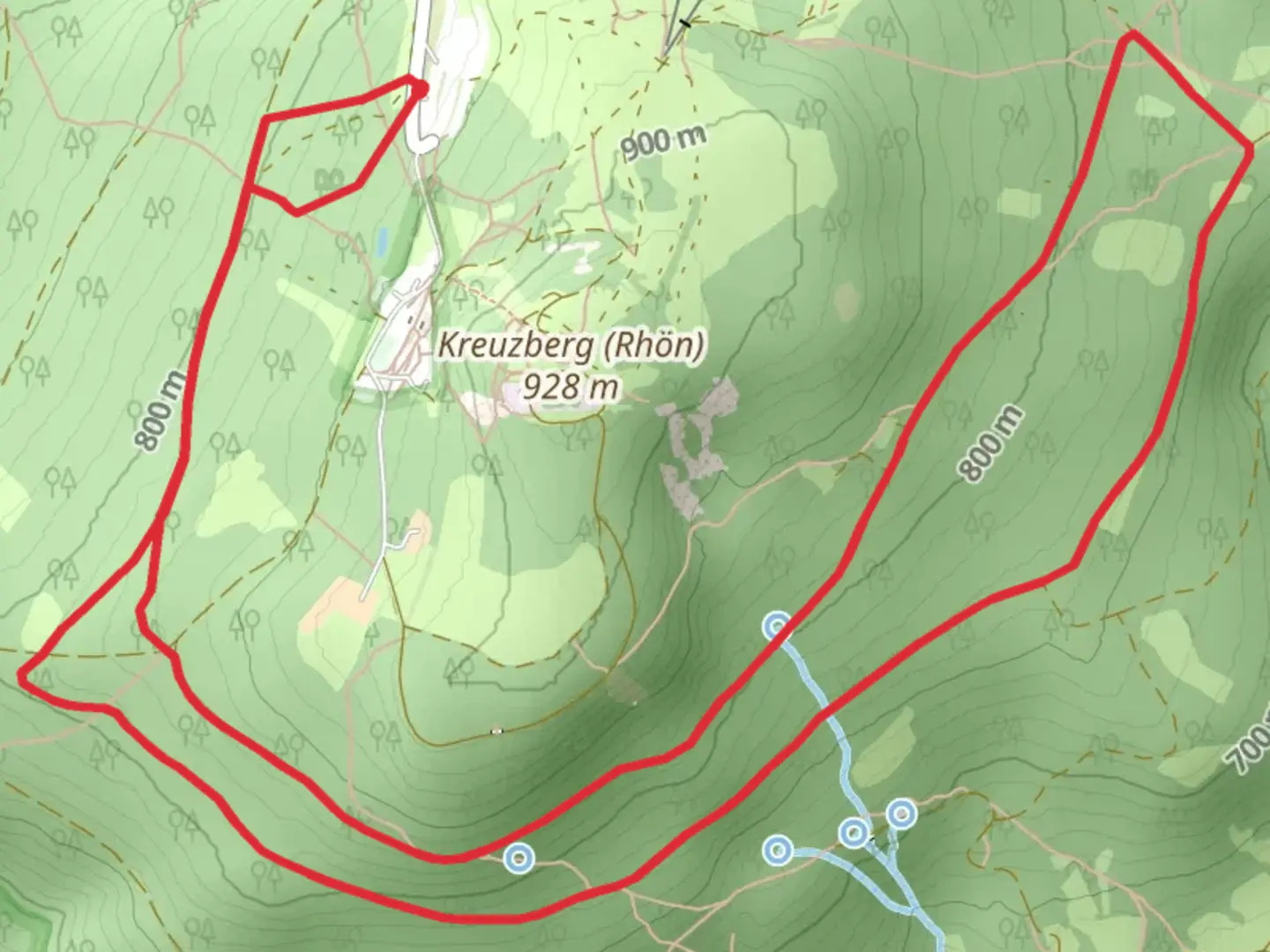 An image depicting the trail Rhoen Rundweg Kreuzberg and Kreuzbergloipe and its surrounding area.
