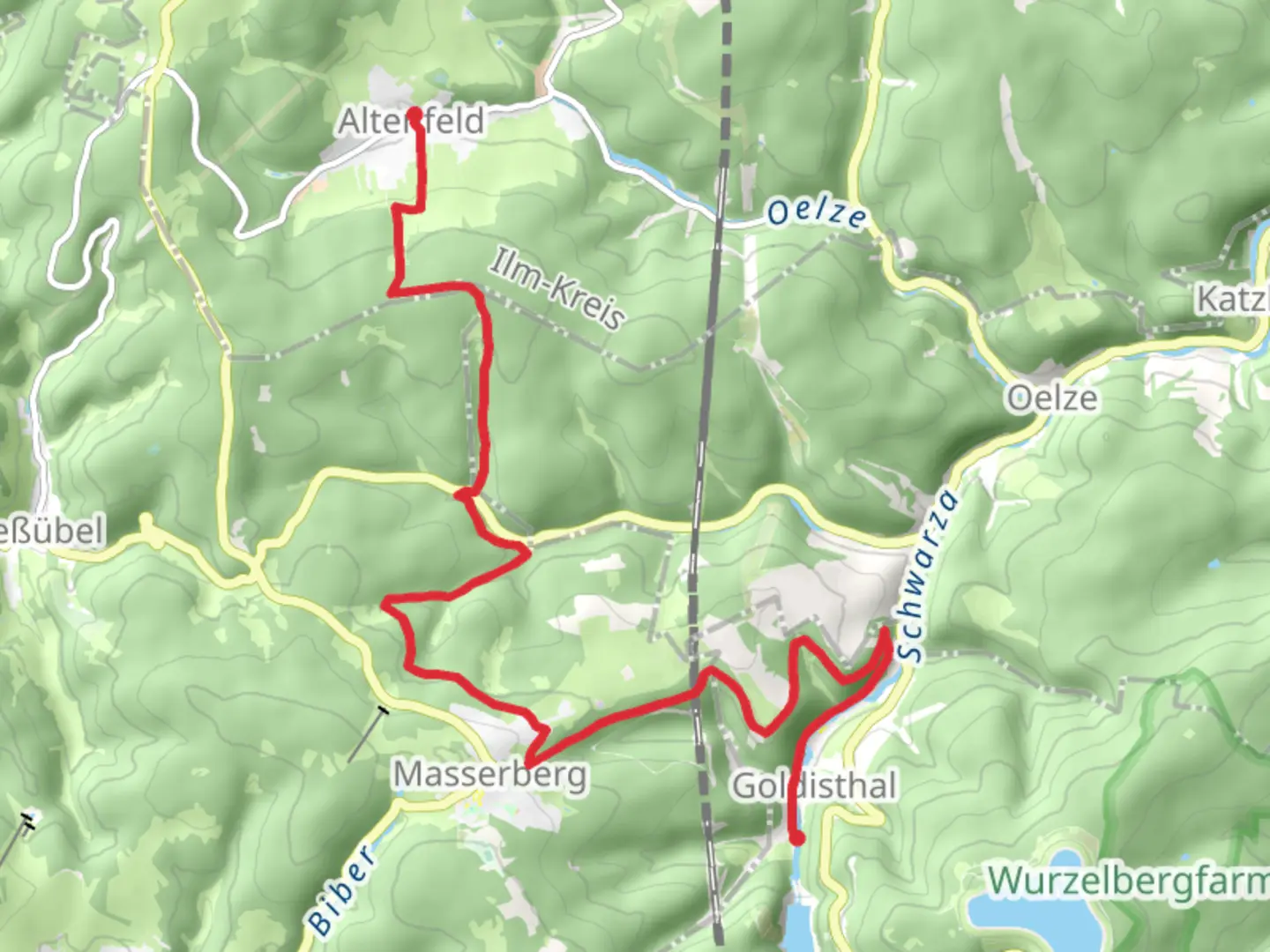 An image depicting the trail Goldisthal to Altenfeld via Badstrasse and Kurtslochstrasse and its surrounding area.