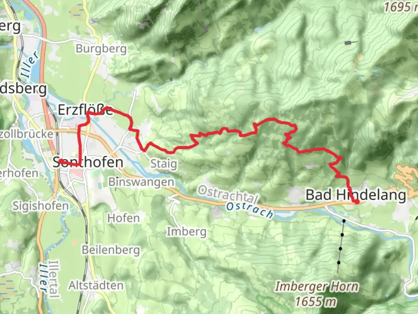 An image depicting the trail Bad Hindelang to Sonthofen Walk and its surrounding area.