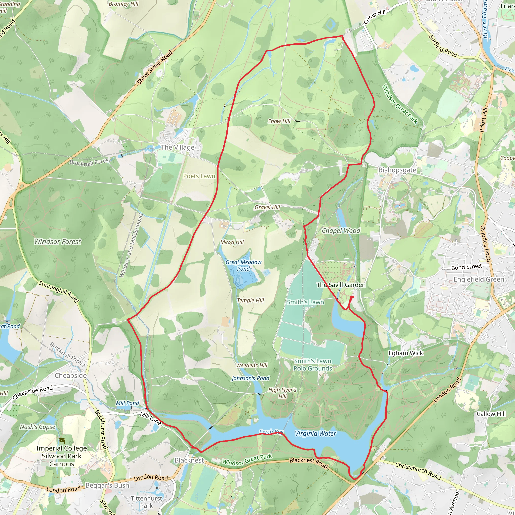 Obelisk Pond, The Savill Garden and Windsor Great Park Loop - Egham Wick mobile static map