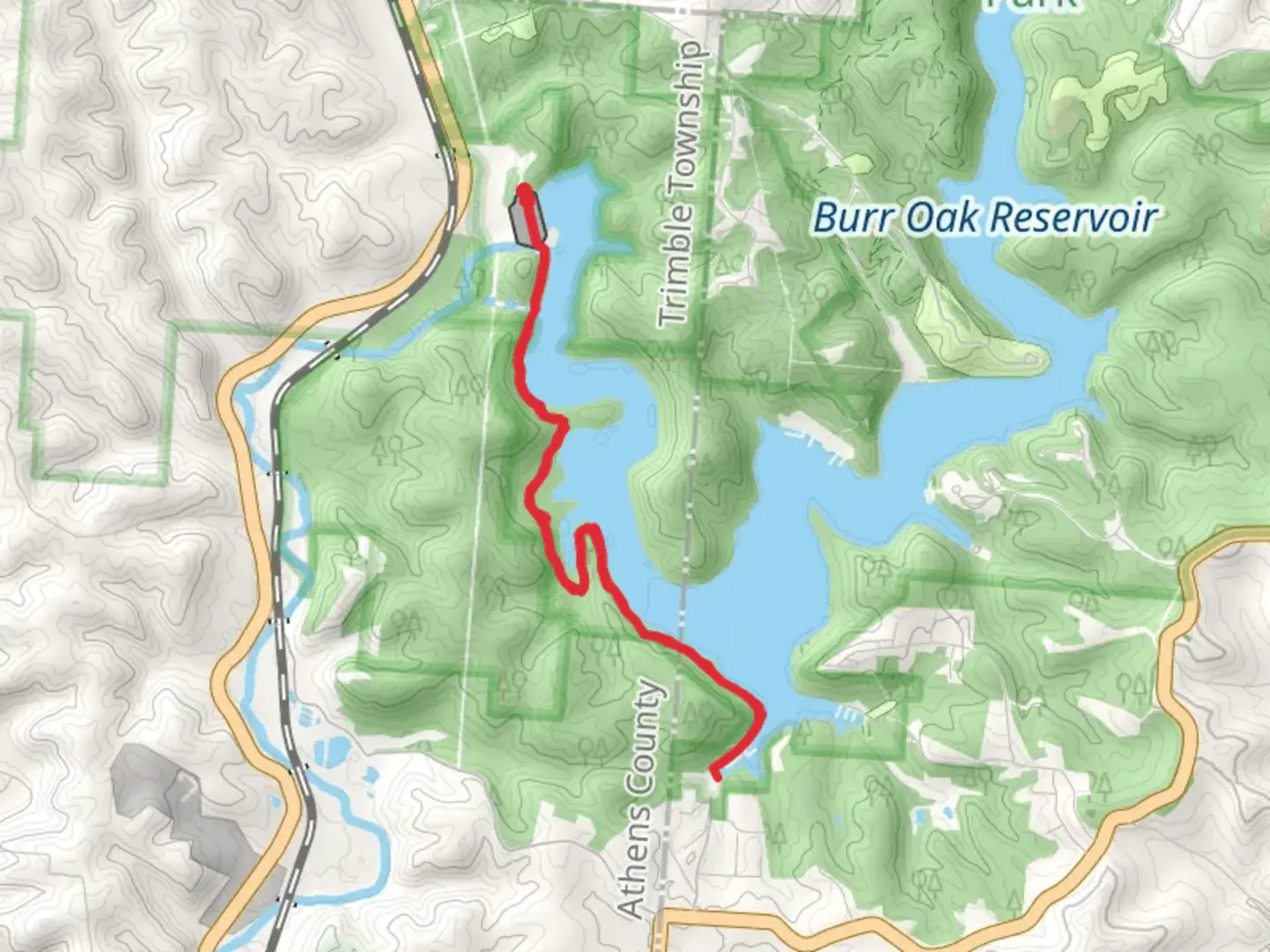 An image depicting the trail Burr Oak Backpack Trail - Short and its surrounding area.