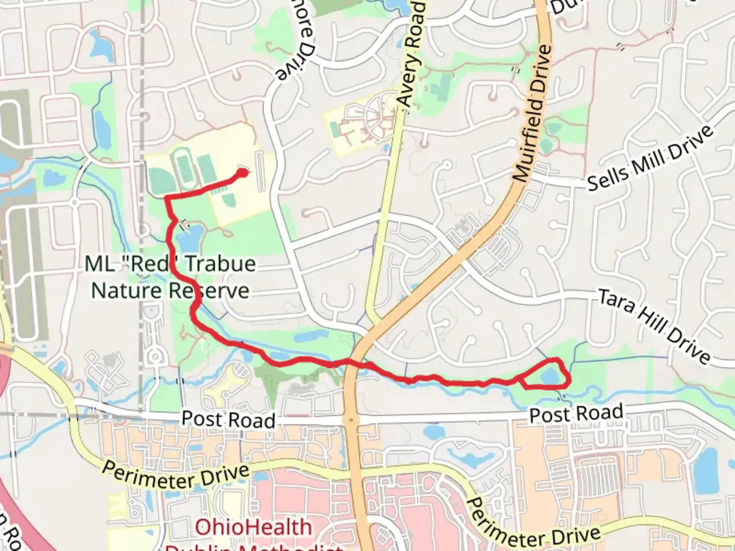 An image depicting the trail Red Trabue Walking Path and its surrounding area.