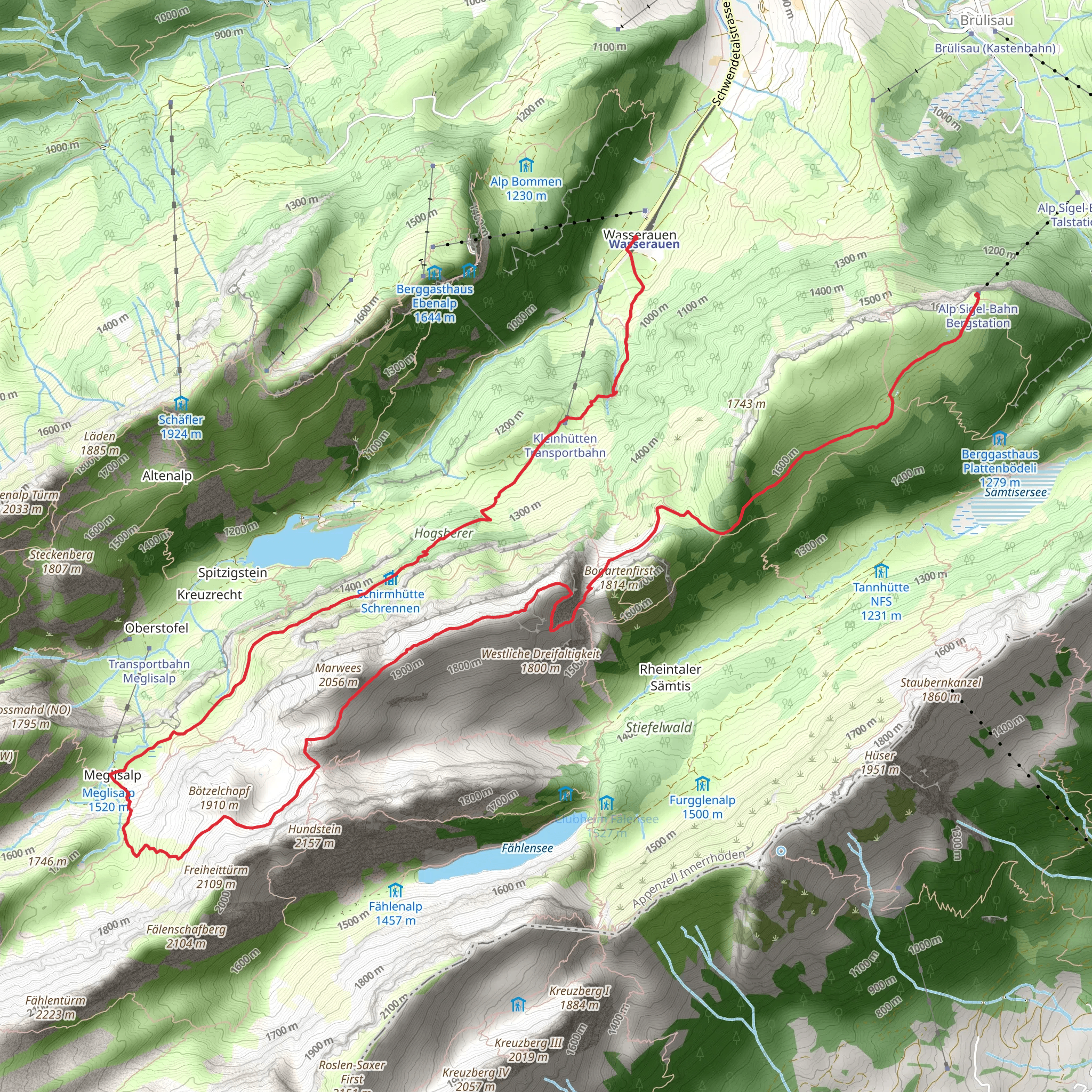 Brülisau - Widderalpsattel - Wasserauen mobile static map