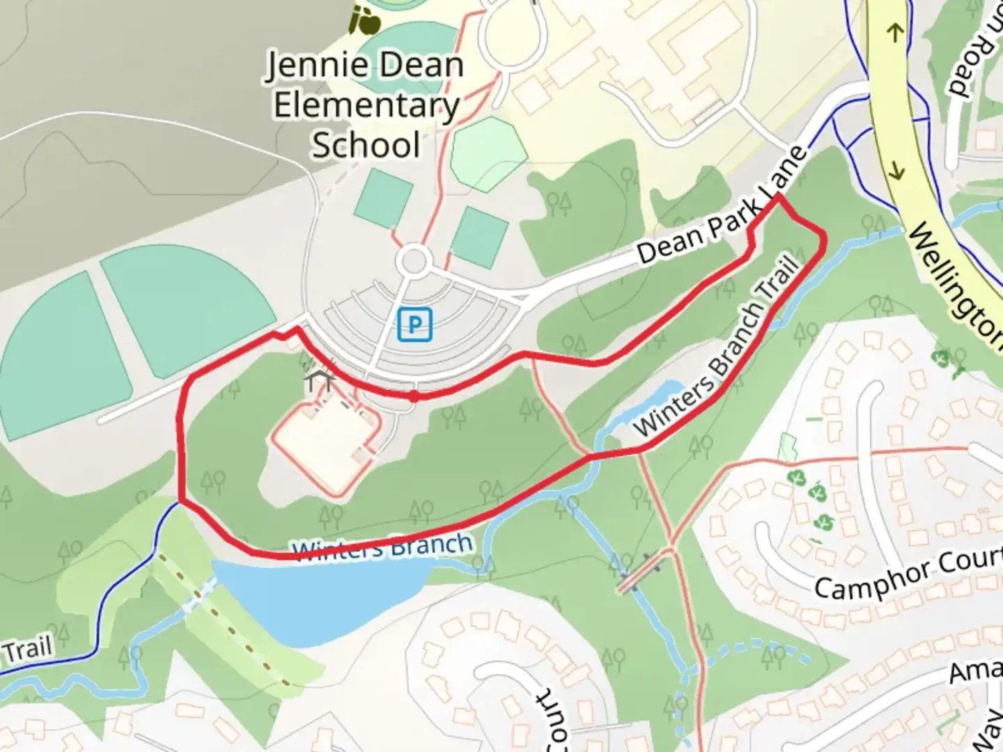 An image depicting the trail Winters Branch Loop and its surrounding area.