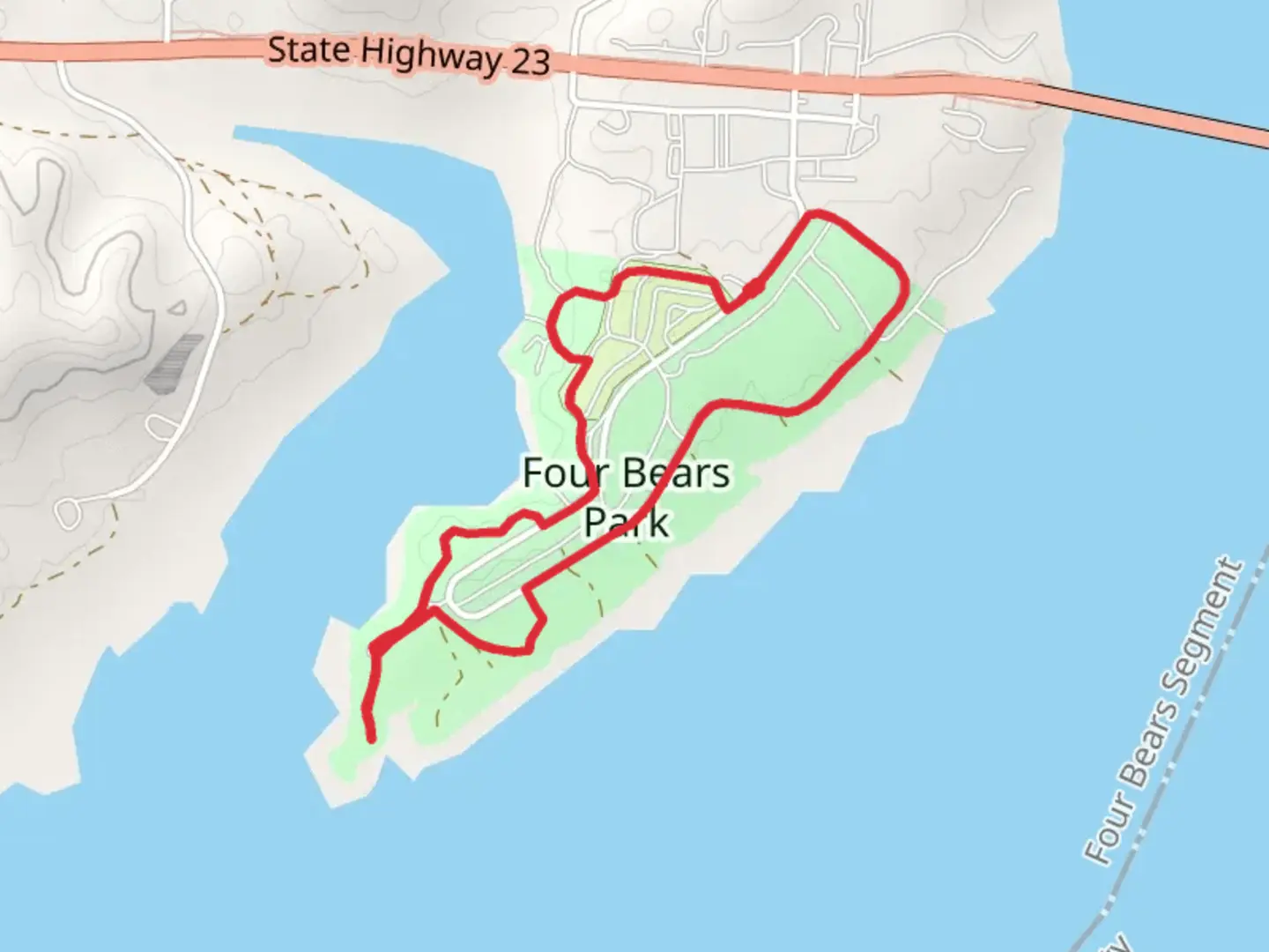 An image depicting the trail Four Bears Park Loop and its surrounding area.
