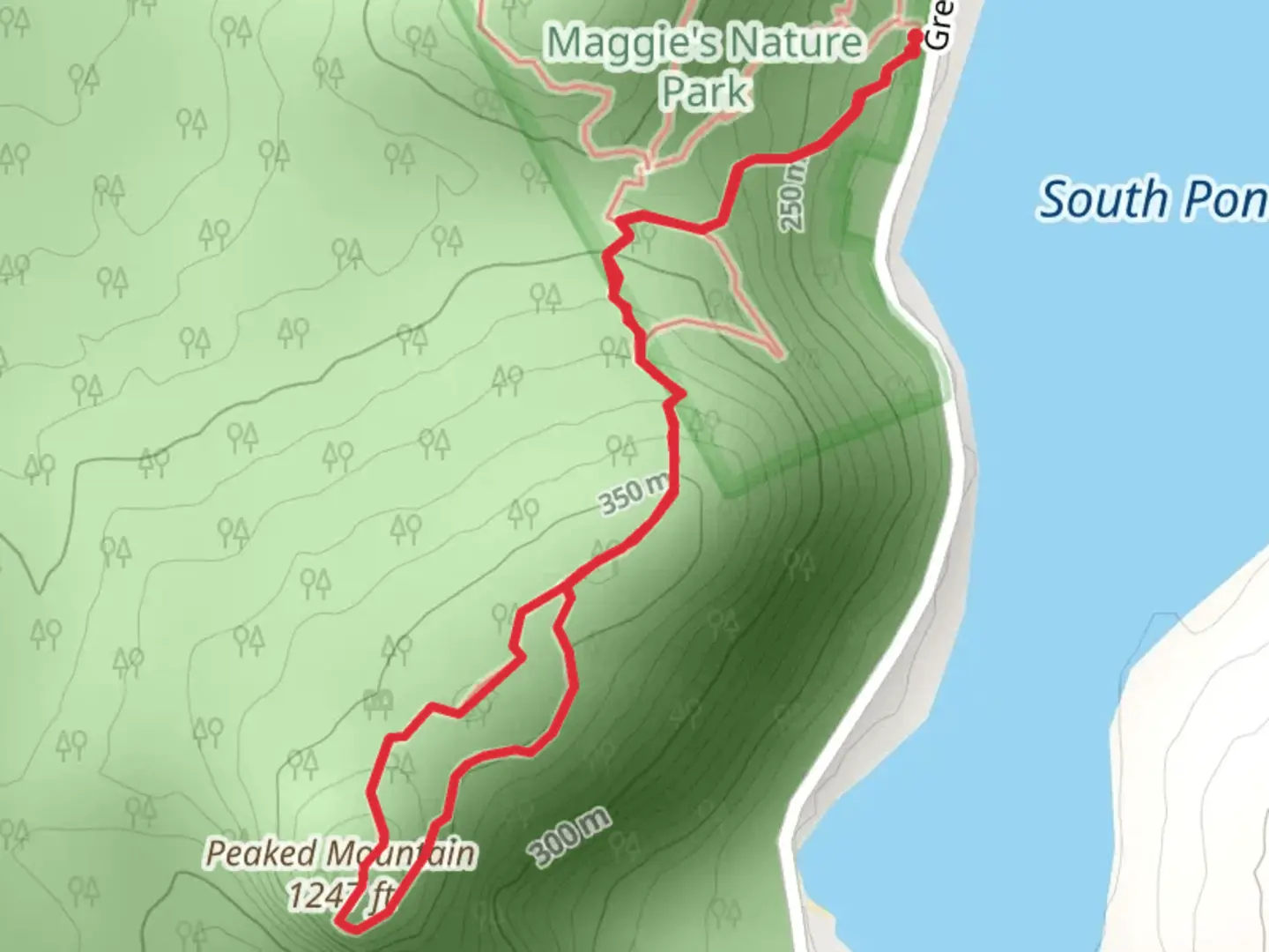 An image depicting the trail Peaked Mountain via Maggie's Nature Park Trail and its surrounding area.