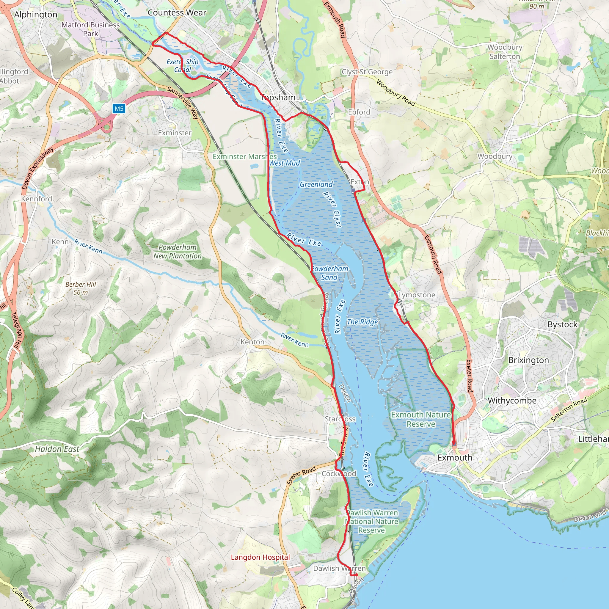 Exmouth to Dawlish Warren Walk via Lympstone Lake mobile static map