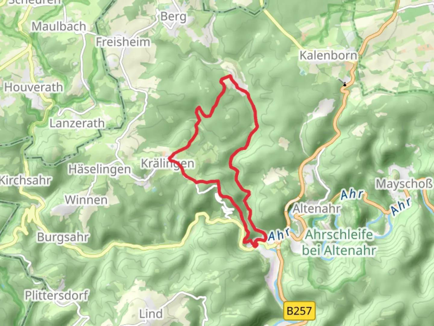 An image depicting the trail Kreuzberg, Unterkrälingen and Feriendorf Vischel Loop via Ahr Venn Weg Ab Etappe 2 and its surrounding area.