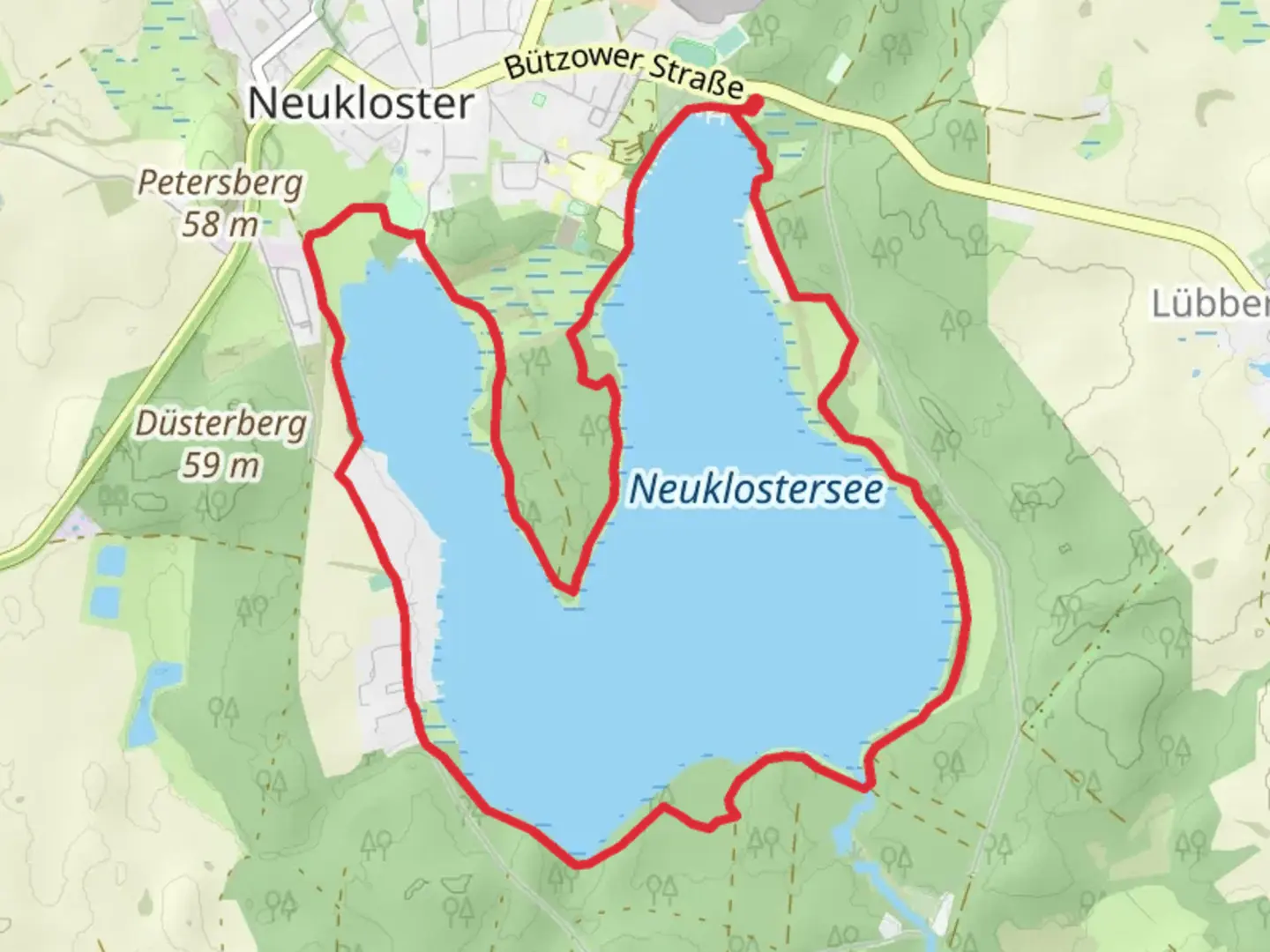 An image depicting the trail Rundweg Halbinsel and Neuklostersee and its surrounding area.