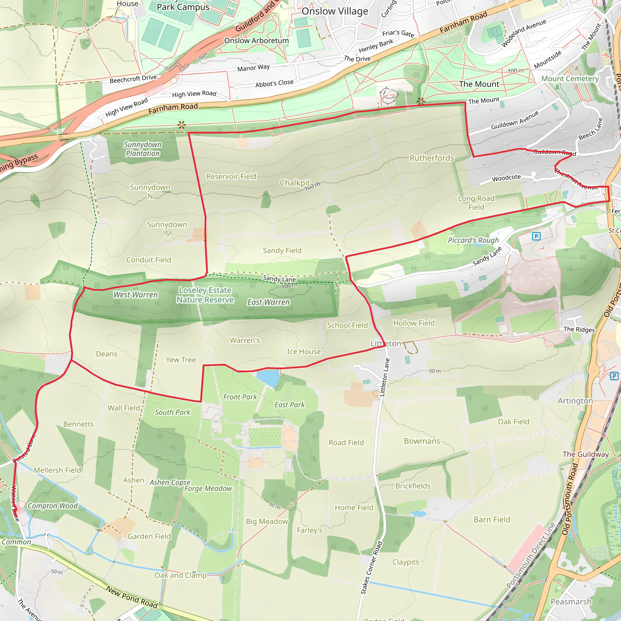 Littleton Circular Walk via Loseley Estate Nature Reserve mobile static map