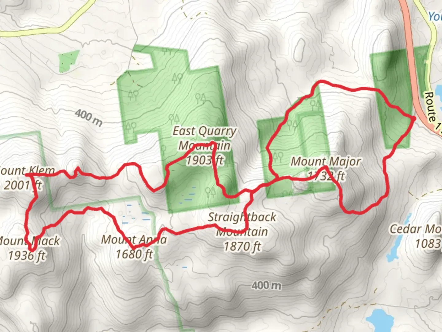 An image depicting the trail Mount Rand, West Quarry Mountain, Mount Klem Loop via Belknap Range Trail and its surrounding area.