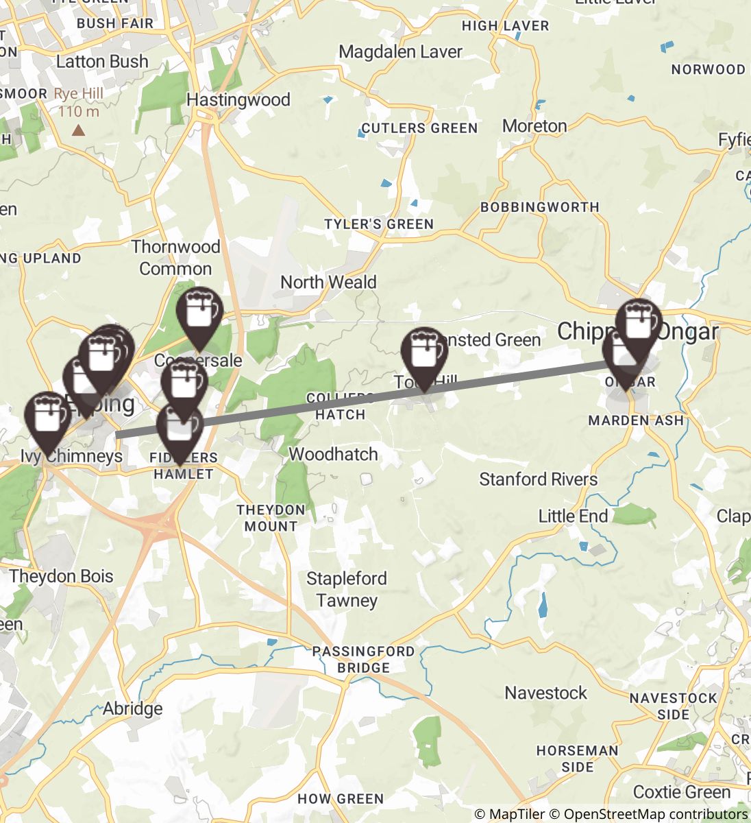 Epping to Chipping Ongar Walk England Food Stops, Shelters,