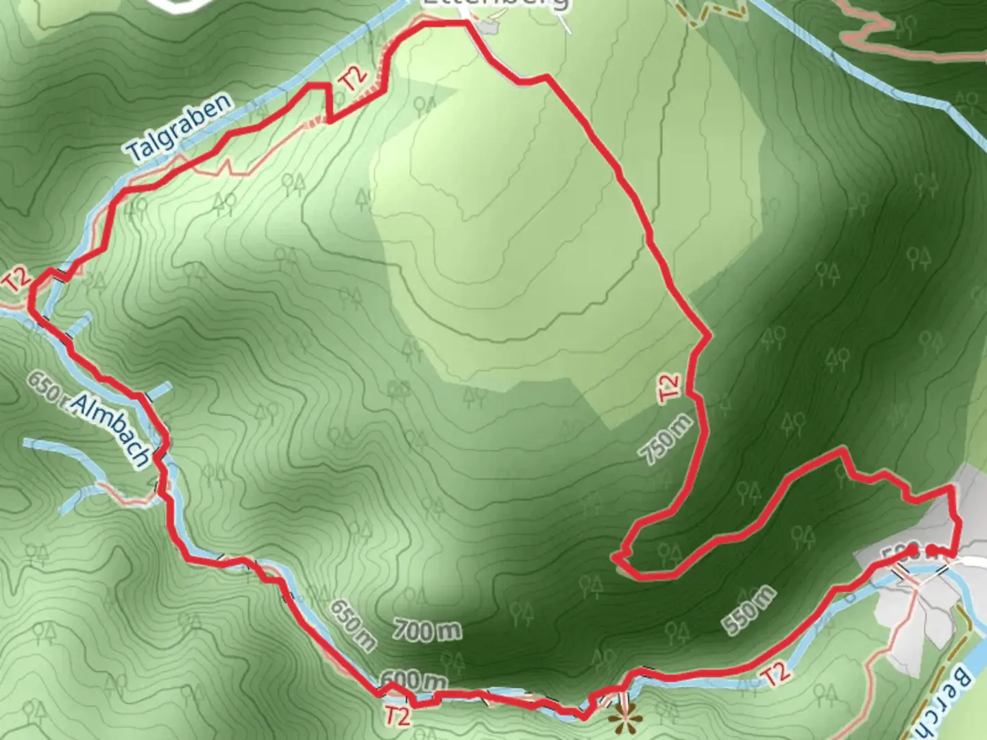 An image depicting the trail Almbachklamm and Hammerstielweg Loop and its surrounding area.
