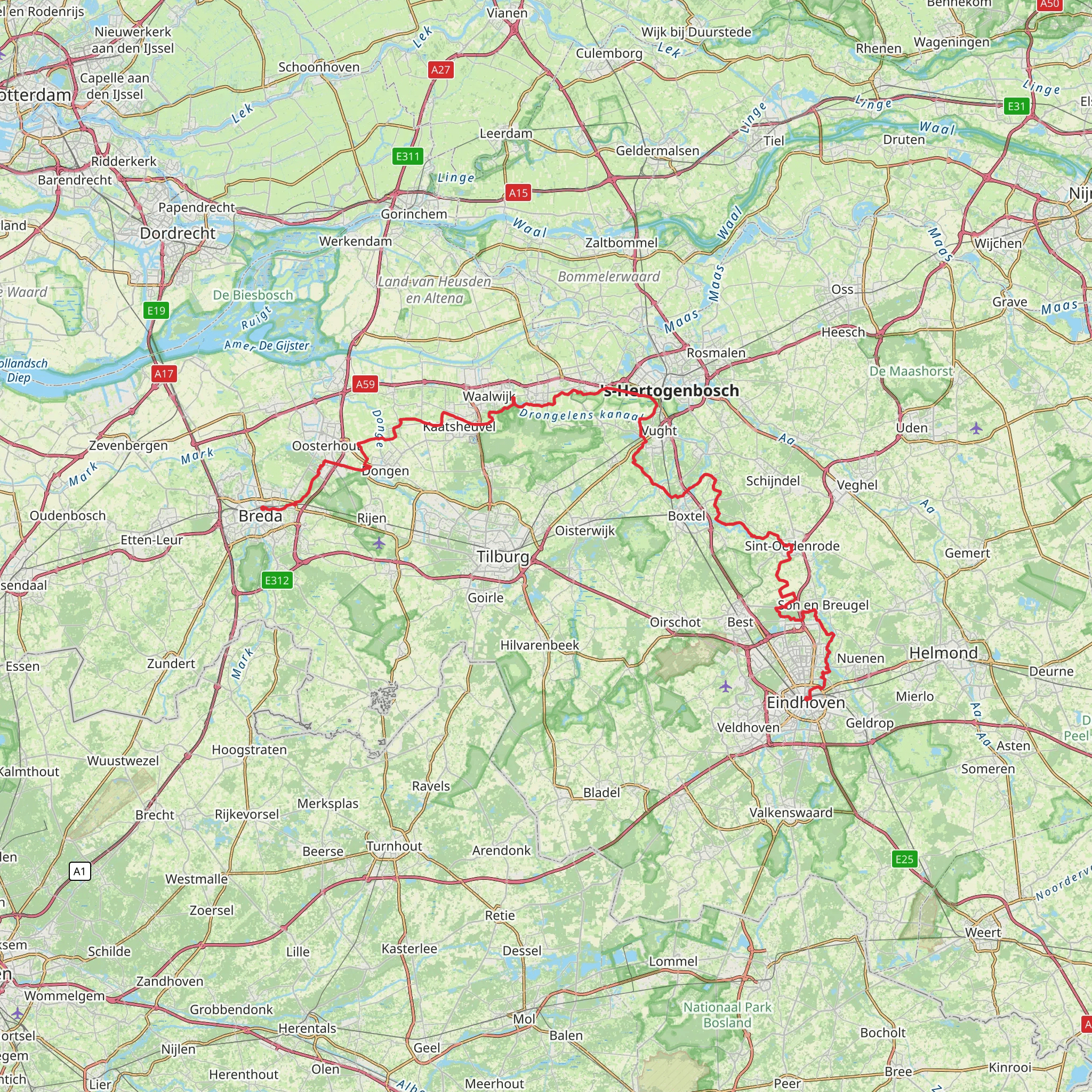 Eindhoven to Breda via Nieuwe Heide, Langspier, De ijzeren Man and Teteringse Heide mobile static map
