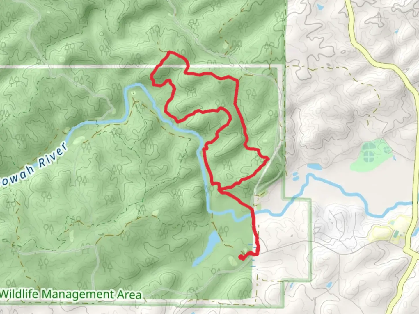 An image depicting the trail Blue-Red Loop Trail via Etowah River and its surrounding area.