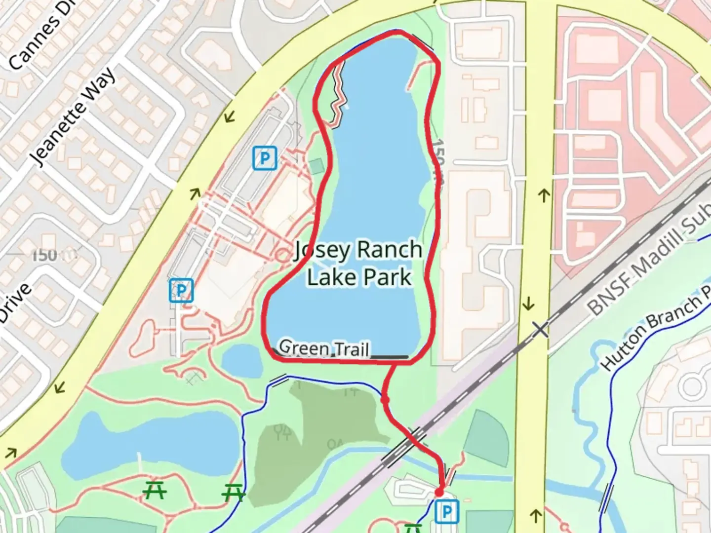 An image depicting the trail Josey Ranch Lake Loop and its surrounding area.